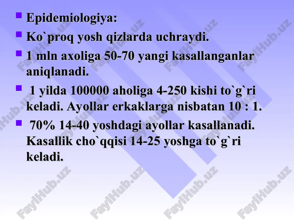aol kapalak simptomi ekssuda-tiv eritema teri purpurasi diskoid volchanka artralgiya poli-artrit poli-serozit plev-rit peri-kardit mio-kar-dit, endo-kar-dit pnevmo-nit pnevmo-fib-roz lyupus nef-rit (nefrotik sind-rom bilan, peshob sind-romi) meningoentsefalo-poli-radi-kulo-nevrit poli-neyro-patiya laborator tekshiruvlar qon umumiy tahlili peshob umumiy tahlili le hujayralar antinuklear antitanalar sik rf past titrlarda ekg exoks yurak-qon tomir, nafas, oshqozon-ichak, buyrak, markaziy asab tizimilarini laborator-instrumental tekshirish igg, igm qiyosiy tashxis tqb ga o`xshaydigan 40 ta kasallik mavjud, ayniqsa kasallik debyutida. 1. revmatoid artrit 2.utkir revmatik isita 3.tizimli sklerodermiya 4. tizimli vaskulitlar davolash glyukokortikosteroidlar intensiv terapiya puls terapiya kombinasiyalangan puls terapiya 4- aminoxinolin preparatlari delagil plakvenil yaqnv ekstrokorporal davolash usullari plazmaferez gemosorbsiya gemodializ tqbli bemorlarni davolashning dasturli usuli prognoz xozirgi kunda tkb ni prognozi ancha yaxshilandi. tashxis qo`yilgandan so`ng bemorlarnning xayoti davomiyligi 10 yildan so’ng 80%, 20 yildan so’ng –60%. lekin, tkb da o’lim ko`rsatkichi populyasiyada 3 marta yuqori.