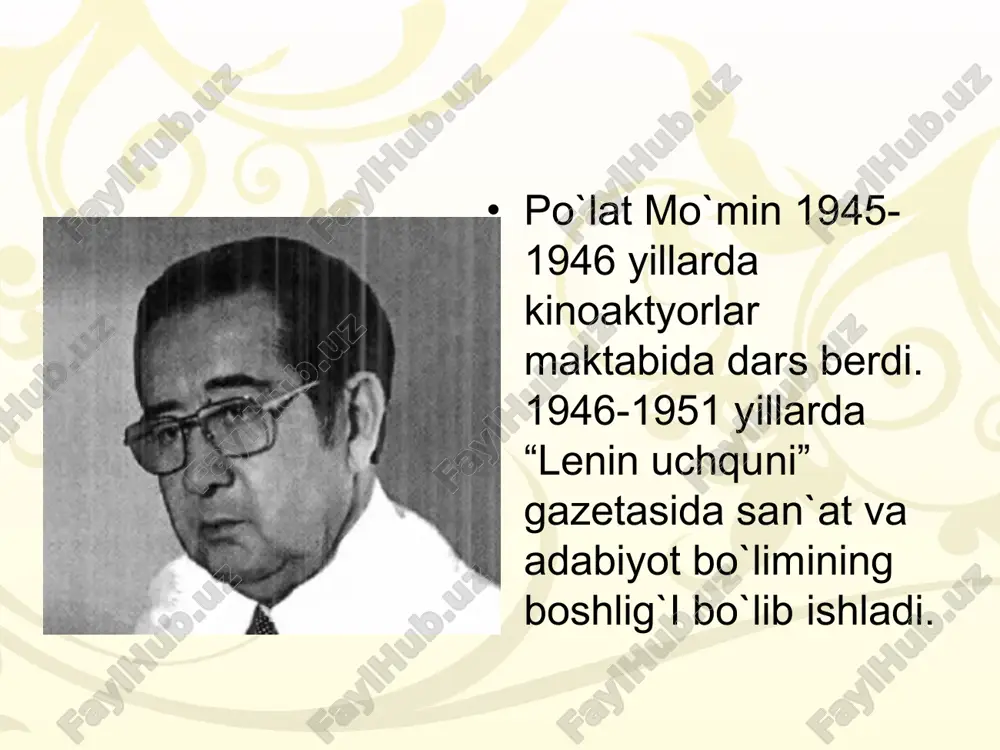 mat topadi, e’tibor orttiradi deb ifodalaydi. shuning uchun u o`zining kichik kitobxonalarida yoshligidanoq mehnat ko`nikmalarini tarbiyalashni asosiy vazifa deb biladi. “buvimning deganlari” she’rida o`z mehnat samarasidan xursand bo`lgan kichkintoylar obrazini yaratadi. buni shoir sanobar obrazida gavdalantiradi. muallif o`zining kichkina qahramonidagi intilishni sezib, uni ulug` ishlarga boshlaydi. sanobar buvisi bilan pilla qurti tutadi va bu ishdan benihoya xursand bo`ladi. farhod musajonov 1933 yil dekabrida toshkent shahrida tug‘ilgan. toshduning sharq fakultetini tamomlagan (1956). birinchi hikoyasi — «daradagi qishloqda» (1959). uning «oftobni quvalab» (1963), «bo‘sh kelma, aliqulov!» (1965), «bir qultum buloq suvi» (1972), «dushanba, nonushtadan so‘ng» (1974), «bog‘ ko‘chamni qo‘msayman» (1977), «qilich va soz» (2000), «lafz» (2003) kabi qissalari va bir kancha hikoyalari bor. hozirgacha uning «bahor nafasi» (1964), «himmat» (1984), «bog‘ ko‘cha» (1987) kabi hikoya va qissalardan iborat 30 ga yakin to‘plami nashr etilgan. bundan tashqari u dramaturgiya sohasida ham samarali ijod qilgan («oq kabutar», «talvasa» va boshqalar). shuningdek, «jazirama oftob ostidagi …