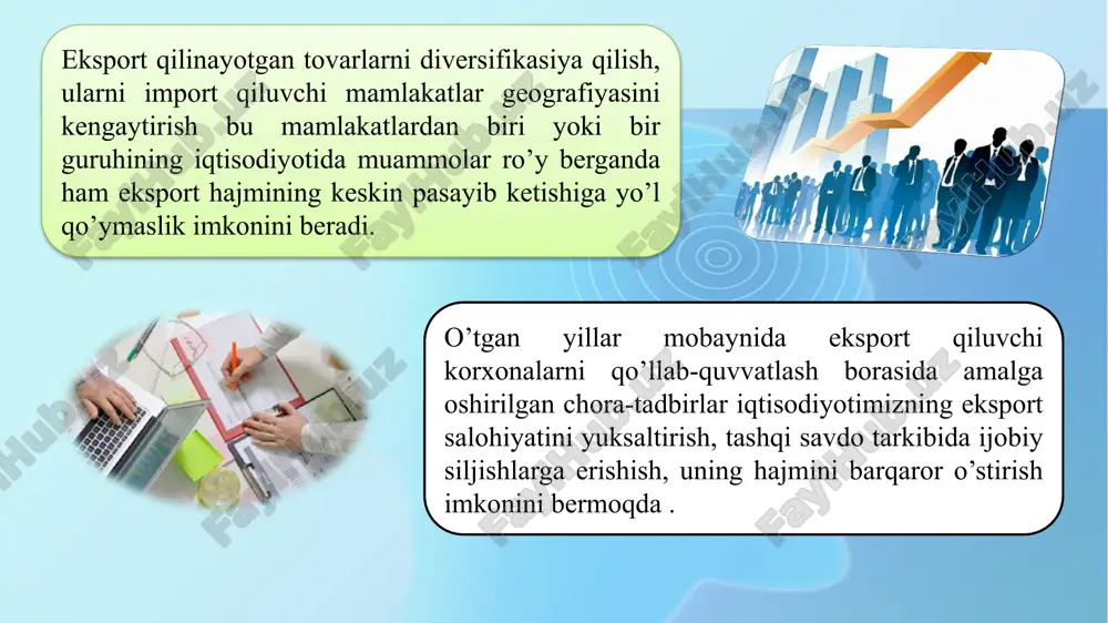 davlatimiz tomonidan tadbirkorlik sub'yektlari eksport faoliyatini rivojlantirish uchun ham so‘nggi yillarda keng ko‘lamli ishlar amalga oshirilgan. kichik biznes va xususiy tadbirkorlik sub'yektlari eksport salohiyatini yanada kengaytirish, ularga zamonaviy, chet el bozorlarida raqobatdosh mahsulot ishlab chiqarishni ko‘paytirishda va uni eksportga chiqarishda zarur huquqiy, moliyaviy va tashkiliy yordam ko‘rsatish, mamlakatimizning eksport qiluvchi tadbirkorlarini tashqi bozor kon'yunkturasi o‘zgarishlari xavf-xatarlaridan ishonchli himoya qilishni ta'minlash maqsadida kichik biznes va xususiy tadbirkorlik sub'yektlarining eksportini qo‘llab-quvvatlash jamg‘armasini tashkil etildi. joriy yilning o‘zida ushbu fond tomonidan 2162 ta tadbirkorlik sub'yektlariga o‘z tovar va xizmatlarini eksport qilishda xuquqiy, moliyaviy va tashkiliy xizmatlar ko‘rsatilgan, jumladan 1 767 ta tadbirkorlik sub'yektlariga tashqi bozorlarni o‘rganishda, 127 ta tadbirkorlik sub'yektlariga xorijiy hamkor topishda, 135 ta tadbirkorlik sub'yektlariga xalqaro ko‘rgazmalarda ishtirok etish, xalqaro sertifikatlar olish va bojxona rasmiylashtiruvi amalga oshirishda ko‘mak berilgan. buning natijasida joriy yilning to‘qqiz oyi yakunlari bo‘yicha 395 ta tadbirkorlik sub'yektlari tomonidan 1 093 mln. dollarlik eksport amalga oshirilgan. tadbirkorlikni moliyaviy …