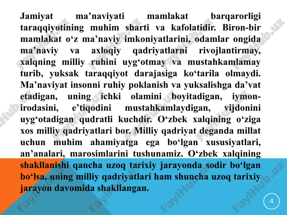 azish bilan shug‘ullanmoqda. 1996—2002- yillarda „oltin meros“ jamg‘armasi sa’y-harakatlari natijasida buyuk allomalarimiz yaratgan ko‘plab madaniy-ma’naviy meros namunalari mamlakatimizdan va xorijiy davlatlardan izlab topildi, jamlandi hamda kutubxona va muzeylarga joylashtirildi. shuningdek, u xalqimizning rasm-rusumlarini, urf-odatlarini, marosimlarini o‘rganish, tiklash, xalqimizga qaytarish, ularning ma’no-mohiyatini, hozirgi kundagi ahamiyatini keng ommaga tushuntirish ishiga katta hissa qo‘shmoqda. 2 – reja mustaqillik yillarida o’zbekistonda diniy munosabatlar 12 o‘zbekiston hali sovetlar qaramog‘ida turgan og‘ir kunlarda islom karimov xalq xohish-irodasiga quloq tutib, unutilmas tarixiy hujjatga imzo chekdi. 1990-yil 2-iyun kuni «musulmonlarning saudiya arabistoniga haj qilishi to‘g‘risida» gi farmonini e’lon qildi. mamlakatda islom dini omilidan unumli foydalanish, uning boy ma’naviy va madaniy qadriyat sifatidagi imkoniyatlarini kengaytirish choralari ko‘rildi. jumladan, 1992-yilda o‘zbekiston respublikasining vazirlar mahkamasi huzurida din ishlari bo‘yicha qo‘mita tashkil etildi. 1992-yil 27-martda o‘zbekiston prezidentining «ro‘za hayitini dam olish kuni, deb e’lon qilish to‘g‘risida» farmoniga ko‘ra, musulmonlar hayotidagi qutlug‘ sanalar – qurbon va ramazon hayit kunlarini doimiy ravishda bayram qilish …