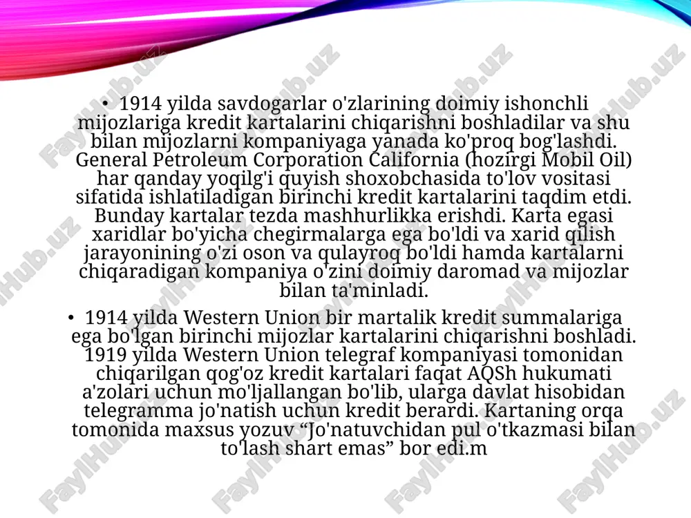 asi bhr universal bank bo'lmagan kredit kartasini chiqardi. banklararo kartochkalar assotsiatsiyasi (interbank cards association) 1974 yilda angliyaning access card kompaniyasi, angliya va yevropadagi eng yirik karta tizimi eurocard bilan shartnoma imzoladi. bu hamkorlik national bank americard inc bilan kuchli raqobatni yuzaga keltirdi va 1976 yilda butun dunyoda tan olinishi uchun ularning bank americard kartasining nomini visa kartasiga o'zgartirilishiga olib keldi. 1979 yilda banklararo kartalar assotsiatsiyasi ham xuddi shunday harakat qildi, master charge kartasining nomini mastercard international deb o'zgartirdi. yaponiya bozorida yetakchilik uchun kurashda yaponiyaning jcb kartasi amerika va yevropa toʻlov tizimlarining visa va mastercard kabi gigantlarini ortda qoldirib, gʻolib boʻldi. 1980 yillarda mastercard osiyo va lotin amerikasida kengayishda davom etdi. 1987 yilda mastercard xitoy xalq respublikasida chiqarildi. agar rossiyani hisobga oladigan bo'lsak, to'lov tizimlari sssrda 1969 yilda paydo bo'lganligini ta'kidlash mumkin. mamlakatda to'lov kartalarini to'lov vositasi sifatida qabul qiluvchi korxonalar tarmog'i yaratila boshlandi va bular xorijiy kompaniyalar va banklar tomonidan …