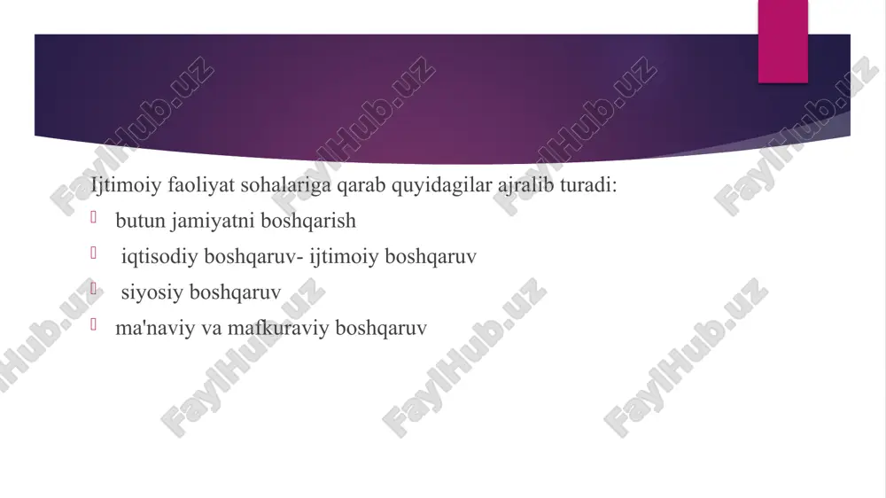 lil qilish asosida, shu kabi faoliyat turi bilan boshqa tashkilotlarning ko'rsatkichlarini taqqoslash bilan boshqariladigan boshqaruv. adaptiv boshqarish o'zgaruvchan atrof-muhit sharoitlariga moslashishga qaratilgan. inqirozlarni boshqarish - bu tashkilotning bankrotligi bilan bog'liq jarayonlarni boshqarish. masalan, bankrotlik to'g'risidagi ish yuritish paytida yoki tinchlik bitimi tuzilganda boshqaruv. boshqaruv pog’onasiga qarab menejerlar uch toifaga bo’linadi yuqori pog’onadagi menejerlar o’rta pag’onadagi menejerlari quyi pog’onadagi menejerlar. top menejer kim? men xo'jayinimni top -menejer deb hisoblay olamanmi? image1.jpeg image2.png /docprops/thumbnail.jpeg