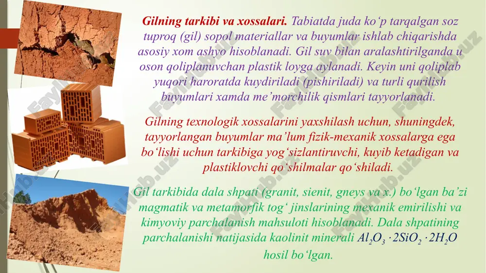 nadi. quritish tartibi buyum turiga qarab tanlanadi. quritgichlarda pishirish o‘choqlarini tutun gazlari, shuningdek, maxsus o‘txonalarda hosil bo‘ladigan gazlardan foydalaniladi. xom ashyoni quritish muddati 1 kundan 3 kungacha davom etadi, yupqa buyumlar esa bir necha soatda quritilishi mumkin. buyumlarni pishirish. sopol buyumlar ishlab chiqarish texnologik jarayonining xal qiluvchi bosqichi bu buyumlarni pishirishdir. pishirish jarayonini shartli ravishda uch bosqichga bo‘lish mumkin: xom ashyoni qizdirish, pishirish va sovitish. xom ashyoni qizdirishda harorat asta-sekin 100-1200sgacha ko‘tariladi, bunda undan erkin suv chiqarib yuboriladi. shundan keyin harorat 500-7500s gacha ko‘tariladi, gilli mineraldagi va xom ashyo aralashmasining boshqa birikmalaridagi organik aralashmalar yonib bitadi va kimiyaviy bog‘langan suv chiqib ketadi. xarorat ko‘tarilgan sari giltuproq minerallari parchalanib, kristall parchalari buziladi va amorf shaklidagi al2o3 va sio2 xosil bo‘ladi. harorat 900÷10000s ga etganda oson eriydigan brikmalar eriydi va erimagan zarrachalarni o‘rab oladi, bunda buyumning chiziqli o‘lchamlari kichrayadi va zichlanadi. yangi kristall moddalar, masalan silimanit (al2o3·sio2) hosil bo‘ladi. keyinchalik xarorat 1200-13000s …