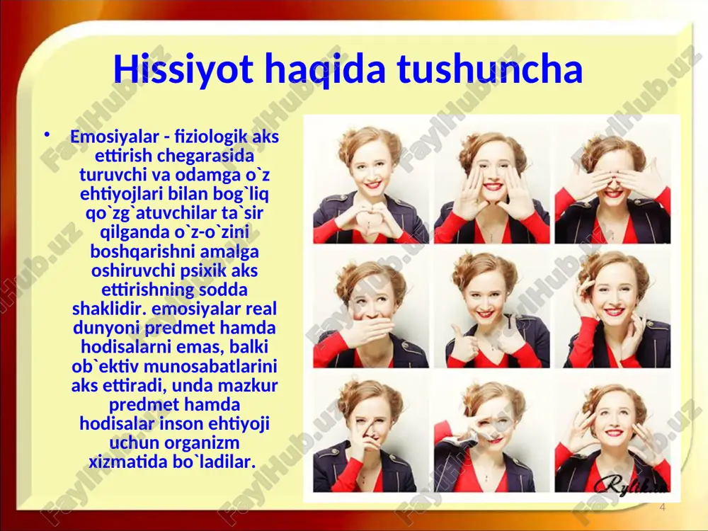 ubyektning ma’naviy yoki estetik ideallariga zid kelib qolishi oqibatida ro’y beradigan salbiy hissiy holatdir; 7) jirkanish – shaxslararo munosabatlarda ro’y beradigan va shaxsning hayotiy nuqtai nazarlari, qarashlari va xulq-atvoriga nomutanosibligi oqibatida hosil bo’ladigan salbiy hissiy holatdir; 8) qo’rquv – shaxs o’zining xotirjam hayot kechirishiga ziyon yetishi mumkinligi unga real tahdid solayotgan yoki tahdid solishi mavjud xavf-xatar to’g’risidagi xabarni olish bilan paydo bo’ladigan salbiy hissiy holatdir; 9) uyalish – o’zining ezgu maqsadlari, xatti-harakatlari va tashqi qiyofasi, nafrati katta muhit kutilmasiga mos kelmaganligi bilan emas, balki o’ziga loyiq xulq-atvor hamda tashqi siymosi shaxsiy tasavvurlarga ham mos emasligini anglashda ifodalanadigan salbiy hissiy holatdir http://aida.ucoz.ru emotsional holatlar shkalasi quyidagicha: kuchli salbiy holatlar - kuchli qoniqmaslik, nafrat, afsuslanish, dahshatga tushish. kuchsiz salbiy holatlar - kuchsiz norozilik, qayg`urish, xafa bo`lish, xavotirlanish, qo`rquv. neytral holatlar: xotirjamlik, ishonchlilik. kuchsiz ijobiy holatlar: kuchsiz zavqlanish, qoniqish hissi, kuchli hissiy holatlar-kuchli suratdagi qoniqish, quvonch, shodlanish. hissiyotlar axloqiy, intellektual (bilim) va estetik …
