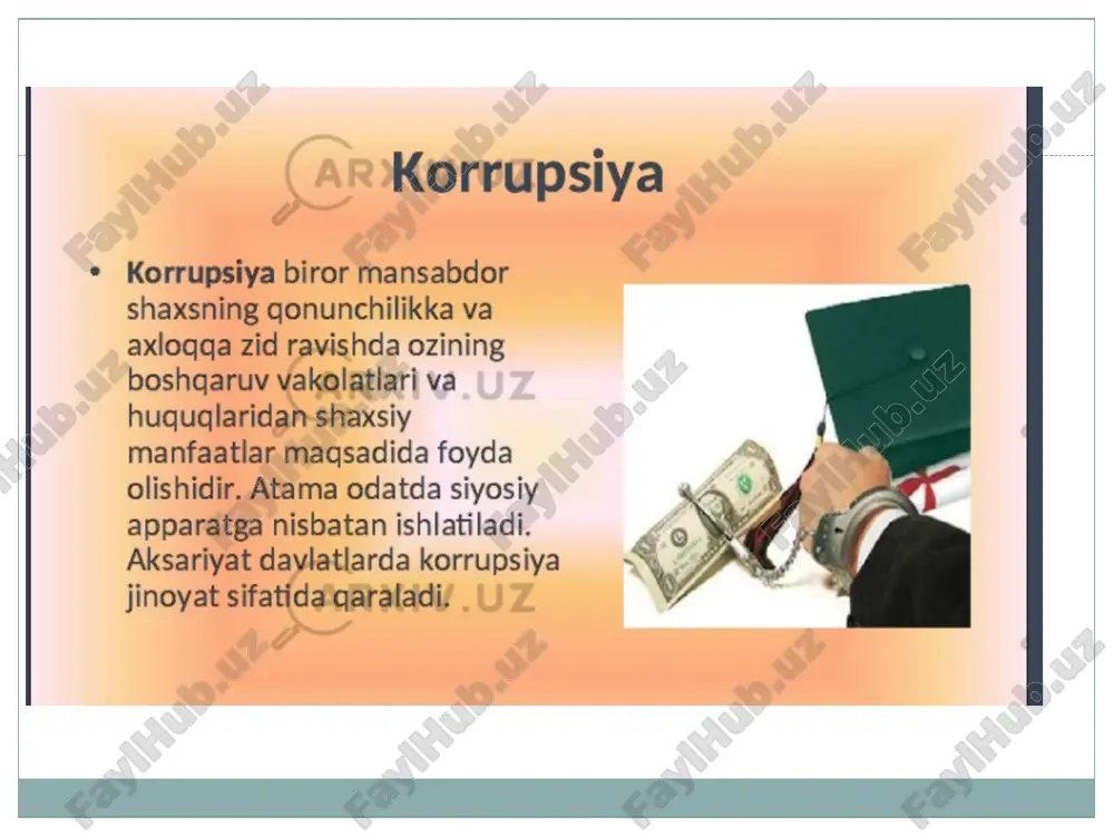 chun uni hokimlarga gunohkorona tashlamang” (baqara surasi, 188). * * * * 9-dekabr xalqaro korrupsiyaga qarshi kurash kuni * davlat va jamiyatda inson ongi, dunyoqarashi bilan bogʻliq muammolar tahlilidan kelib chiqsak, sobiq ittifoqdan meros qolgan korrupsiya illatiga qarshi kurashda hali ancha aziyat chekishga toʻgʻri keladi. sababi xitoy va singapurnikiga oʻxshagan yuqoridan quyigacha qatʼiy ishlaydigan iyerarxiya tizimi hali toʻliq ishga tushmagan. * jamiyatda ustuvor soha — taʼlim tizimida tahsil oladigan oʻsmirlar, yoshlar ongida tolerantlikni uygʻotish muammosi oldimizda koʻndalang turibdi. “jamiyatda poraxoʻrlik illatini yengib boʻlmaydi”, degan fikr yoshlar ongida shakllanib qolgani (yaponiya yoki xitoy fuqarosi ongida nega u shakllanmaganligi alohida mavzu) eng katta kamchiligimiz. * bu borada oʻnglanish, siljish qilmasak, millatimiz obroʻsiga korrupsiya illati soya solib turaveradi. toki, biz oilada, bogʻchada, maktabda oʻgʻil-qizlarimiz ongiga, ruhiyatiga tamagirlik, poraxoʻrlik yomon illatgina emas, balki u jamiyatimiz tanazzuli, iqtisodiyotimiz orqaga ketishi sababi ekanligi haqida koʻproq tarbiyaviy va targʻibot ishlarini olib bormasak, maqsad-muddaoga erisha olishimiz qiyin. * …