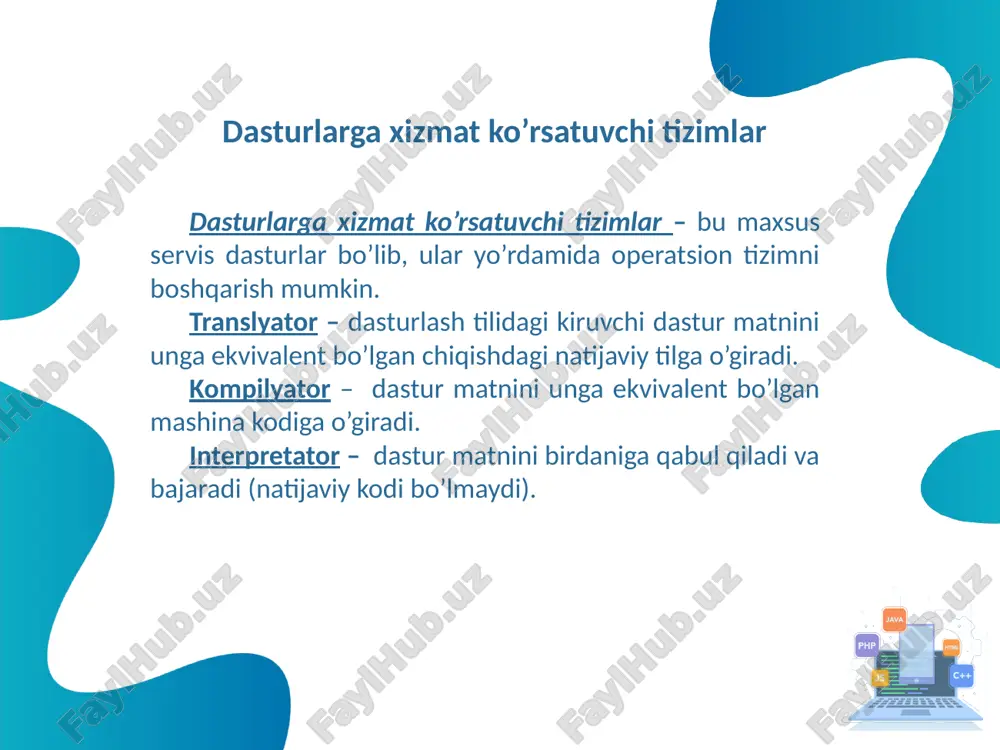 samaraligi tufayli bu til butun dunyoga tez tarqaldi. hozirgi paytda barcha hisoblash mashinalari, xususan, mikro ehmlar ham shu tilda ishlash imkoniyatiga ega. dasturlar matnining toʼgʼriligini osonlik bilan tekshirish mumkinligini, ularning maʼnosi yaqqol koʼzga tashlanishi va oddiyligi bilan ajralib turadi. pascal dasturlash tilining alifbosi deb, shu tilda maʼlumotlarni ifodalash va dasturlar yozish jarayonida kompilyator tomonidan qabul qilishga ruxsat berilgan belgilar yoki maxsus belgilardan iborat boʼlgan zanjirlar toʼplamiga aytiladi. pascal tili delphi - dasturlash tili borland firmasi tomonidan ishlab chiqarilgan. delphi dasturlash tili avvaldan borland delphi paketi tarkibiga kiritilgan. shu bilan bir qatorda 2003-yildan hozirgacha qoʼllanilayotgan shu nomga ega bo’lgan. delphi — object pascal tilining bir qancha kengaytirishlar va toʼldirishlar orqali kelib chiqqan boʼlib, u obʼyektga yoʼnaltirilgan dasturlash tili hisoblanadi. c# dasturlash tili (si sharp - deb talaffuz qilinadi)-obʼektga yoʼnaltirilgan, havfsiz va ishonchli ilovalarni yaratishga mo’ljallangan dasturlash tili. u 2000 yilda microsoft tomonidan. net tashabbusi doirasida ishlab chiqilgan. java dasturlash tili - …