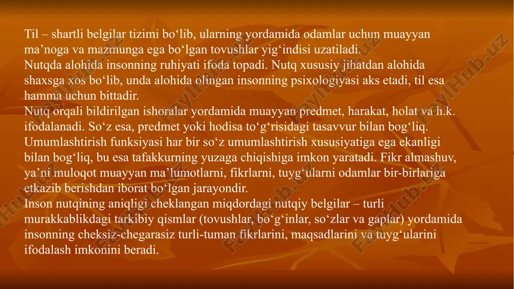 kommunikativ-axborotli tomoni tasavvurlar, g‘oyalar, qiziqishlar, hissiyotlar, mayllar va sh.o‘.lari turlicha bo‘lgan odamlar o‘rtasidagi almashinuvdan iborat. muloqotning emotiv tomoni sheriklarning shaxsiy aloqalaridagi his-tuyg‘ular, kayfiyatning vazifa bajarishlari bilan bog‘liq. muloqotning konativ (hulq-atvor tomondan) tomoni sheriklar qarashlaridagi ichki va tashqi qarama-qarshiliklarni muvofiqlashtirishga xizmat qiladi. muloqot vositalarini muloqot jarayonida bir tirik jonzotdan boshqasiga etkaziladigan axborotni kodlashtirish, uzatish, qayta ishlash va ochib berish vositalari sifatida ta’riflash mumkin. muloqot vositalariga quyidagilar kiradi: 1. til – muloqot uchun qo‘llaniladigan so‘zlar, ifodalar va ularni muloqotda qo‘llash uchun ma’noli iboralarga birlashtirish qoidalari tizimi, shuningdek, turli ko‘rinish va shakllardagi (matnlar, chizmalar, suratlar), axborot yozish, etkazish va saqlashning texnik vositalari (radio- va videotexnika, yozuvning mexanik, magnitli, lazerli va boshqa shakllari) dagi belgilar tizimlari va yozuvdan iborat. 2. ohang, emotsional ifodalanganlik, bir xil iboraga turlicha ma’no berishga qodir. 3. suhbatdoshning mimikasi, gavda holati, nigohi ibora ma’nosini kuchaytirishi, to‘ldirishi yoki rad etishi mumkin. 4. imo-ishoralar muloqot vositasi sifatida umumiy qabul qilingan, ya’ni, belgilangan …