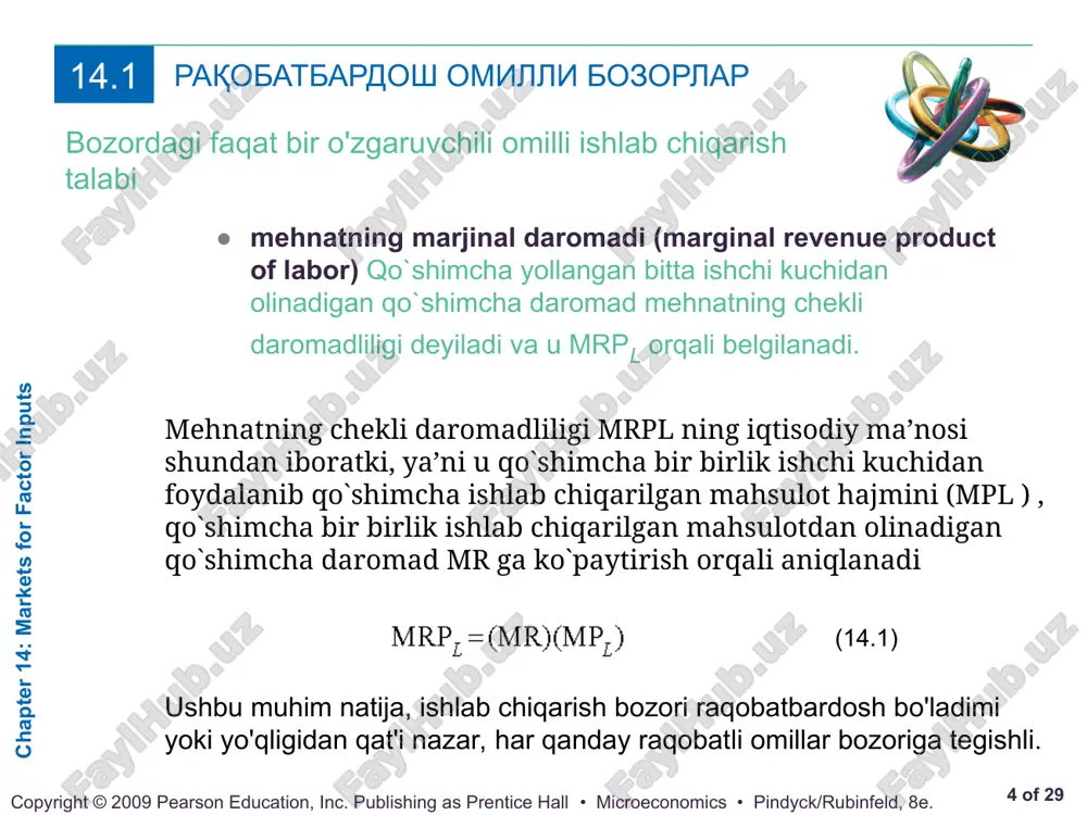 g qanchaga ortishi), firmani ko'proq texnikani ijaraga olishga va ko'proq ishchi kuchini jalb qilishga undaydi. natijada, mrp egri chizig'i mrpl1 dan mrpl2 ga o'tib, firmaning ishchi kuchiga bo'lgan talabida yangi c nuqtasini hosil qiladi. shunday qilib, a va c ishchi egri chizig'iga talabga ega, ammo b esa yo'q. 14.1 chapter 14: markets for factor inputs * of 29 copyright © 2009 pearson education, inc. publishing as prentice hall • microeconomics • pindyck/rubinfeld, 8e. raqobatbardosh omillar bozorlari bozordagi faqat bir o'zgaruvchili omilli ishlab chiqarish talabi sanoatning mehnatga bo'lgan talabi rasm 14.5 raqobatbardosh firmaning (a) bandidagi mrpl1 ishchi kuchiga talab egri chizig'i mahsulot narxini berilgan tarzda qabul qiladi. ammo ish haqi stavkasi soatiga $15 dollardan $10 dollargacha tushganda, mahsulot narxi ham pasayadi. shunday qilib firmaning talab egri chizig'i pastga qarab mrpl2 ga siljiydi. natijada (b) da ko'rsatilgan sanoat talabi egri chizig'i, agar mahsulot narxi o'zgarmas deb taxmin qilinadigan bo'lsa, olinadigan talab egri …
