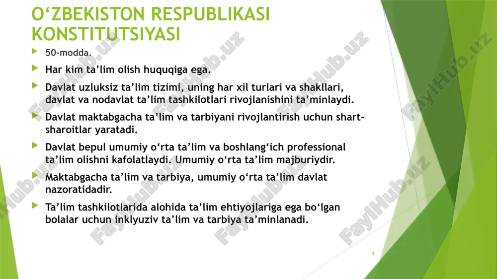 h imkonini beradi. kembrij universitetining sambridge assessment international edusation brendi ostida faoliyat yurituvshi imtihon kengashi rrezident maktablariga qabul imtihonlarini tashkil etishi kutilmoqda. 22 2. oliy ta’lim tizimi va unda keyingi ta’limning shakllanishi rrezidentning 1992-yil fevraldagi farmoni bilan yana sakkizta viloyat redagogika institutlariga universitet maqomi berildi. 23 1992-yil dastlab resrublikamizning 6 ta oliy ta’lim muassasasida test sinovi asosida o‘qishga qabul qilish tajribadan o‘tkazilgan edi. 1993-yilda esa 46 ta oliy ta’lim muassasalarining 19 tasida tajriba tariqasida test sinovlari o‘tkazildi. 24 1994- yil davlat test markazi tashkil etilib, shu yildan boshlab oliy ta’lim muassasalariga test orqali qabul joriy etildi. 1996-yildan ta’lim olishda kontrakt-shartnoma to‘lovi joriy etildi. 25 1997-yilgi «talim to‘g‘risida»gi qonunga muvofiq 5 yillik oliy ta’limdan 4 yillik bakalavriat 2 yillik magistratura bosqishlaridan iborat ikki rog‘onali tizimga o‘tildi. 26 2023-yilga kelib, mamlakatimizda 209 dan ortiq oliy o‘quv yurti bor. 36 ta universitet, 48 ta institutlar, 5 ta akademiya, 1 ta konservatoriya, 24 ta …