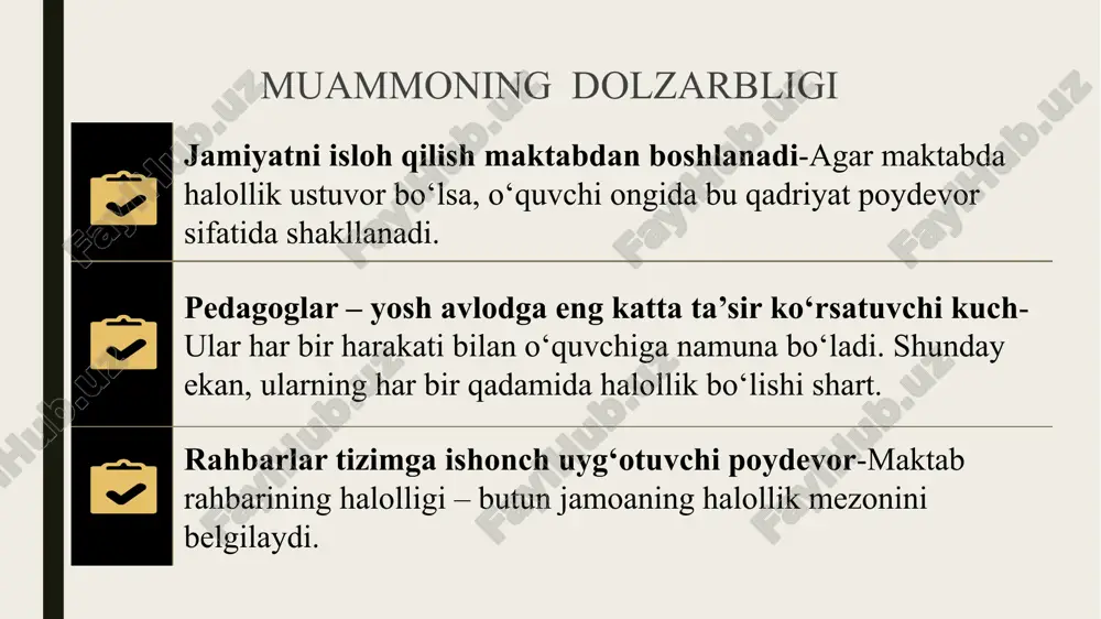 yuqori sinflardagi tarbiya darslari 1 soatdan 2-3 soatga oshirish,qolaversa, fan o‘qituvchilariga, rahbarlarga korrupsiya bo‘yicha tizimli malaka oshirish kurslarini tashkil qilish va buning oqibatlari nimalarga olib kelishini amaliy tarzlarda o‘qitish, maktablarda qarindosh-urug‘chilikga , sovg‘alar olishni qat’iy ta’qiqlash, o‘quv dasturlarin halollik bilan tashkil etish va har bir universitetda o‘qituvchilik kasbini tanlagan yosh talabalarni halollik vaksinasi bilan qayta-qayta emlab keyin diplom berilishini yo‘lga qoyish. 2. singapur- antikorrupsiya ishlari mustaqil kpk (corrupt practices investigation bureau)(korrupsiyani tergov qilish byurosi (ktb)) tomonidan olib boriladi, pedagoglar faoliyatida qat’iy baholash tizimi mavjud: etik qoidalarni buzganlar ishdan bo‘shatiladi, har bir pedagog 3 yilda kamida bir marta halollik va axloqiy mas’uliyat bo‘yicha treningdan o‘tadi. korrupsiyani olish va halollik bo’yicha sobiq bosh vazir li kuan yuning xizmatlari beqiyodir finlyandiya- rahbarlar faoliyati ochiqlik, halollik va ishonchlilik mezonlari bilan baholanadi, o‘quvchi va o‘qituvchi o‘rtasidagi shaffoflik, ochiqlik va ishonchga asoslangan munosabat ustuvor hisoblanadi, o`qituvchilik kasbini tanlagan shaxslar universitetda maxsus etika kurslarini o‘tishi majburiy. qiyosiy …