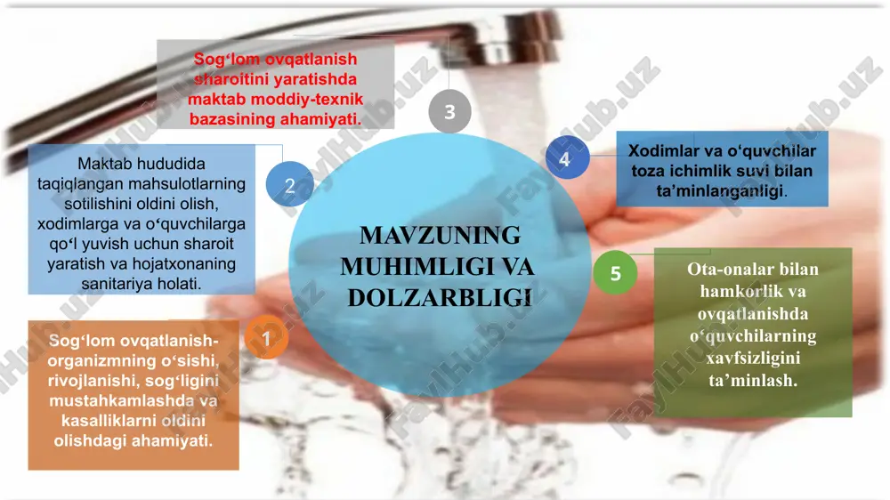 n loyihalar amalga oshirish, maktabda sinf soatlarida mavzular kiritish. koʻrgazmali darslar tashkil etaman maktab direktori, sinf rahbarlar oʻquv yili davomida oʻquvchilarda sogʻlom ovqatlanish tasavvuri shakllanadi 2 maktab oshxonasida sanitariya va gigiyena qoidalariga amal qilinmayotgani har haftada bir marta kuzatuv kengashi a’zosi va ota-onalar vakili bilan kuzatuvlar olib borish maktab mmibdoʻ, maktab hamshirasi oʻquv yili davomida tadbirkorda qoidalarga rioya qilish koʻnikmasi shakllanadi 3 hojatxona va qoʻl yuvish sharoitlari talabga javob bermaydi homiylarni jalb qilgan holda hojatxonani ta’mirlayman va qoʻl yuvish uchun sharoit yarataman maktab direktori, xoʻjalik ishlari mudiri oʻquv yilining may-iyun oylarida yuqumli kasalliklar tarqalishi oldi olinadi 4 maktab oshxonasida ishlayotgan xodim tibbiy koʻrikdan oʻtganligini nazoratsizligi tegishli tashkilotlotlarga rasmiy xat bilan murojaat qilaman va uch tomonlama shartnoma tuzilayotganda tibbiy koʻrik daftarchasini talab qilaman maktab direktori va maktab hamshirasi oʻquv yilining avgust , mart oylarida maktab oshxonasida ishlayotgan hodimda ma’suliyat hissi va maktab faoliyatiga daxldorlik uygʻonadi e’tiboringiz uchun rahmat! image1.png image3.jpeg image2.png …