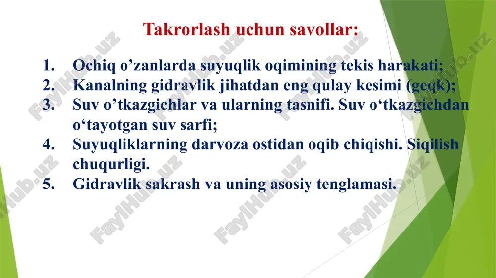 o’quv qo’llanma. 2022 y. 3. a. arifjanov, q.rahimov, a. xodjiev “gidravlika” - toshkent, 2016 y. 4. k.sh.latipov, a.arifjanov, x.kadirov, b.toshov “gidravlika va gidravlik mashinalar”, navoiy. alisher navoiy, 2014 y. 5. melvyn kay, practical hydraulics (taylor & francis 2 park square, milton park, abingdon, oxon ox14 4rn ) 2008.-253 pages 6. john fenton a first course in hydraulics (vienna university of technologiy, austria ), 2012. -120 pages 7. a.arifjanov, p.n.gurina. “gidravlika” -tashkent. timi, 2011y. 8. www.gidravlika-obi-life.zn.uz 32 qo'shimcha adabiyotlar 1. k.sh.latipov “ gidravlika, gidromashinalar va gidroyuritmalar” - darslik, toshkent. o'qituvchi, 1992y. 2. o'zbekiston respublikasi prezidentining “matematika sohasidagi ta’lim sifatini oshirish va ilmiy tadqiqotlarni rivojlantirish chora-tadbirlari to’g’risida” 2020 yil 7 maydagi pq-4708-son qarori. lex.uz 3. sh.m.mirziyoev “tanqidiy tahlil, qat’iy tartib-intizom va shaxsiy javobgarlik har bir rahbar faoliyatining kundalik qoidasi bo’lishi kerak”. toshkent, “o’zbekiston”, 2017 yil. -104 b. 4. sh.m.mirziyoev “o'zbekistonni rivojlantirishning beshta ustuvor yo'nalishi bo'yicha harakatlar strategiyasi” toshkent, “o'zbekiston”, 2017 yil. “gazeta.uz”. …