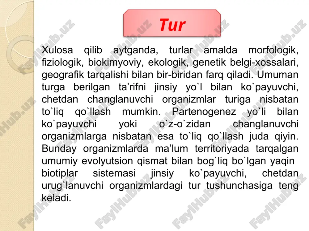 logik: 1—dehqon chumchug‘i; 2—bog‘ dehqon chumchug‘i; g) biokimyoviy: 1—ko‘p bargli lyupin; 2—sariq lyupin. d) ekologik: 1—zaharli ayiqtovon; 2—o‘rmalovchi ayiqtovon. e) geografik dala, nam o‘tloqzor; 1—yevropa qoraqarag‘ayi, 2— sibir qoraqarag‘ayi. * tur tarkibi zavadskiy ko`proq o`simlik turlarini o`rganish sohasidagi ma’lumotlarni xulosalab, tur ichida quyidagi birlik sistemalari borligini ta’kidladi: yarim tur — deyarli yosh tur holatiga etgan geografik va ekologik irqlar. kenja tur — shakllangan geografik va ekologik irqlar. dastlab kenja tur tushunchasi xviii asrdan boshlab qo`llanilib, u tur xili tushunchasining o`rnida ishlatildi, kenja tur ma’lum arealda tarqalgan, fenotipik jihatdan o`xshash bo`lgan, muayyan turning boshqa populyatsiyalaridan taksonomik jihatdan farq qilgan organizmlar populyatsiyasidan iborat. albatta, kenja turning bu ta’rifi bir oz nisbiy hisoblanadi. lekin o`zgaruvchan turlarni boshqa geografik, ekologik populyatsiyalardan farq qilishda u ma’lum qulaylikka ega. ekotip — mahalliy ekologik irq bo`lib, uning belgilar hayot sharoiti bilan ifodalanadi (masalan, har xil botqoq, sho`r tuproq, shimol va janub yonbag`irlar ekotipi va hokazo). bu tushuncha …