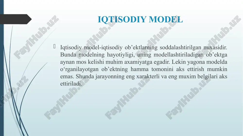 a nisbatan parametrlar chiziqli funksiya ko‘rinishida namoyon bo‘lishi mumkin. iqtisodiyotda qo‘llaniladigan optimallashtirish modellari bu maqsad funksiyasi: bu maqsadga etish uchun bir nechta shartlar bajarilishi kerak. ya’ni: 1) ishlatiladigan resuslar korxonada resuslarning bor zahirasidan ko‘p bo‘lishi kerak emas. bu erda aij xar bita mahsulotga i-korxonodan j-tarmoqda ketadigan xarajat normativlari . 2) o‘zgaruvchilarning nomanfilik sharti: xij ≥ 0 iqtisodiyotda qo‘llaniladigan optimallashtirish modellari bularni xisobga olib, ushbu chiziqli dasturlash usulining umumiy masalasini yozib chiqamiz: xij ≥ 0 e’tiboringiz uchun rahmat image1.png image2.png /docprops/thumbnail.jpeg
