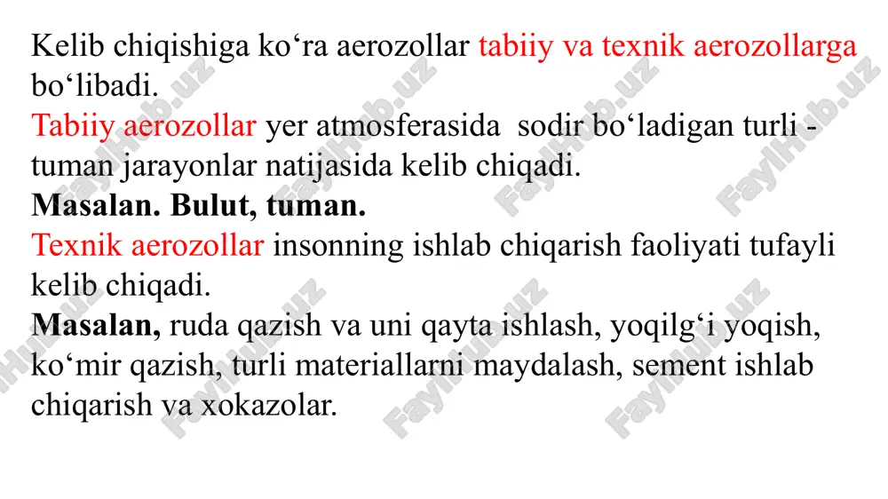 uchun zarur bo`lgan zaryadli aerozollar hosil qilish uchun yetarli kontsentratsiyada emas. bunday hollarda havoni turli metodlar yordamida ionlashga to`g`ri keladi. masalan, biror gazni aerozol zarrachalaridan tozalash uchun aerozolni elektr yordamida sun`iy yo`l bilan zaryadlashdan foydalaniladi, chunki zaryadli zarrachalar qarama-qarshi zaryadli qutbga oson cho`kadi. bunday asboblar-chang tutuvchi elektr filtrlap» deb atalada. atmosfera aerozollarining harakatlanishida, masalan, bulutlar paydo bo'lishi paytida termoforez va fotoforez katta ahamiyatga ega. havoda to'xtatilgan suv tomchilarining termoforezi sovuq va iliq havo massalari ta'sirlanganda va quyosh nurlari bilan bulutlarni yoritishi tufayli fotoforez sodir bo'ladi, odatda atmosfera aerozollarining kinetik barqarorligi juda o'ziga xosdir. aerozollarning dispersion muhiti (gaz muhit) bilan liozollarning dispersion muhiti (suyuqlik) zichligi va yorug`likni sindirish koeffitsienti jihatidan bir-biridan keskin farq qiladi. shu sababli aerozollarda yorug`lik kuchli yoyiladi. shunga asoslanib, aerozollardan tutun pardalar sifatida keng foydalaniladi. barcha aerozollar ichida fosfat angidrid (p2o5) aerozoli yorug`likni eng ko`p yoyish va qaytarish xossasiga ega, p2o5 ning niqoblash ta`sirini birga teng deb qabul …