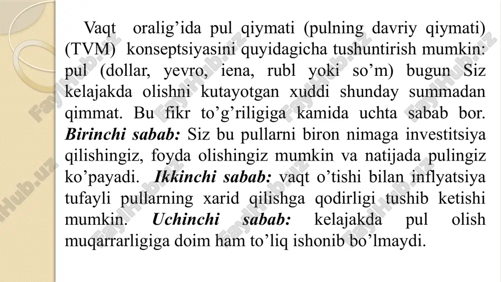 da); m – bir yilda foiz yoziladigan davrlar soni. t/r yozish (hisoblash) chastotasi m samarali yillik foiz stavkasi (ear) 1. bir yilda bir marta 1 6,00000% 2. har yarim yilda bir marta 2 6,09000% 3. har chorakda bir marta 4 6,13614% 4. har oyda bir marta 12 6,16778% 5. har haftada bir marta 52 6,17998% 6. har kunda bir marta 365 6,18313% 7. uzluksiz maks. qiymat 6,18365% 6 foiz apr uchun samarali foiz stavkalari agar murakkab foizlarni yozish chastotasi ko’paysa, samarali yillik foiz stavkasi borgan sari ko’payib boradi va o’zining maksimal qiymatiga yaqinlashadi. m cheksiz darajada oshib borgani sari (1+ t)m eapr ga yaqinlashib boradi. shunday qilib, uzluksiz foiz formulasini hosil qilamiz: bu yerda, . 2. pullarning keltirilgan qiymati va diskontlash faraz qilaylik, kelajakda ma’lum kunga kelib rejadagi summaga ega bo’lish uchun bugun qancha investitsiya qilish kerakligini bilmoqchimiz. masalan, 8 yildan keyin farzandimiz institutda o’qishiga to’lash uchun 15000 dollar kerak. …
