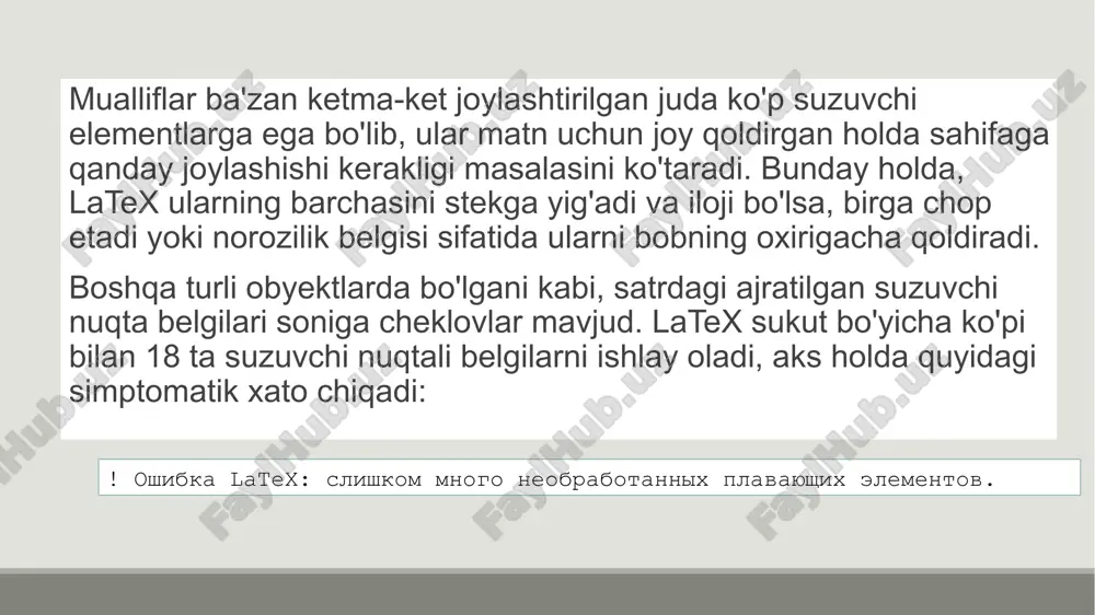 [table]{name=new table name} shakllar va jadvallar ro'yxati sarlavhalar maqola yoki hisobot boshida tegishlicha \listoftables yoki \listoffigures buyruqlari yordamida "jadvallar ro'yxati" yoki "raqamlar ro'yxati" bo'limlarida keltirilishi mumkin. har bir rasm uchun ishlatiladigan sarlavhalar ushbu ro'yxatlarda ular ko'rsatilgan rasm va sahifa raqamlari bilan birga paydo bo'ladi. \caption buyrug’i ixtiyoriy parametrga ega, \caption[''short'']{''long''} , u jadvallar ro'yxati yoki raqamlar ro'yxati uchun ishlatiladi. odatda, qisqacha tavsif sarlavhalar ro'yxatiga ishora qiladi va uzun tavsif rasm yoki jadvalning yonida joylashtiriladi. bu, ayniqsa, sarlavha uzun bo'lsa va raqamlar/jadvallar ro'yxatida faqat "bir qatorli" bo'lsa, foydali bo’ladi. misol: \documentclass[12pt,]{article} \usepackage{graphicx} \newcommand{\species}[1]{\textit{#1} sp.} \begin{document} \listoffigures \section{introduction} \begin{figure} \centering \includegraphics[width=4in]{gecko} \caption[close up of \species{hemidactylus}] {close up of \species{hemidactylus}, which is part the genus of the gecko family. it is the second most speciose genus in the family.} \end{figure} \end{document} matnni rasmlar atrofiga o'rash muallif ba'zi suzuvchi elementlar matn oqimiga xalaqit bermasligini, aksincha matnning uning atrofida aylanishiga imkon berishini afzal ko'rishi mumkin. …