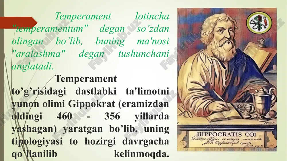 (rigidligi qotib qolganligicha) nisbatan baho berishdan iboratdir. 7.ekstravertlik va introvertlik. shaxsning faoliyati va reaksiyasi ko’p jihatdan kechinmalarga bog’liq, chunonchi favqulotdagi tashqi taassurotlarga (ekstravertlik) yoki aksincha, timsollarga, tasavvurlarga (introvertlik) taalluqligiga asoslangan holda munosabat ifodasidir. turli temperament tipiga mansub insonlarda har xil xarakter xususiyatlari, shaxs sifatlari, holatlari ro’y beradi. temperament tiplariga mos xususiyatlarni muhimlari quyidagi jadvalda aks ettiriladi. sust tirishqoq beqaror barqaror intro ekstra- kirishuvchan kirishuvchan asabiy tashvishli xavotirli pessimist vazmin sekin kirishuvchan tashvishli jizzaki notinch qiziqqon quzg'aluvchan beriluvchan faol kirishuvchan ochiq sergap iltifotli chaqqon beg'am qulaylikni yoqtiruvchi tashabbuskor o'ychan tinchliksevar yo'nalganlik ishonchli xotirjam sangvinik yuksak reaktivlik. bo’lar-bo’lmas narsalarga qattiq xoxolab kulaveradi. muhim bo’lmagan fakt qattiq jahlini chiqaradi. diqqatini jalb qilgan hamma narsalarga tetik va zo’r qo’zg’alish bilan javob beradi. imo-ishoralari va harakatlari yaqqol ko’rinib turadi. uning aft-basharasiga qarab kayfiyatining qandayligini, narsalarga yoki odamga bo’lgan munosabatlarini bilish oson. diqqatini tez bir joyga to’playdi. sust senzitivlikka ega. sezgirlik chegarasi yuksak. juda kuchsiz tovushlarni …