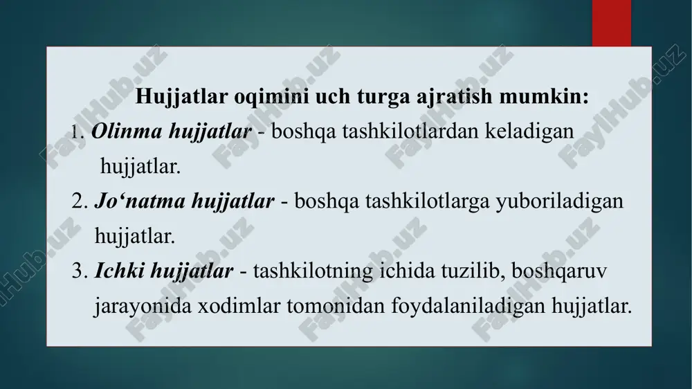 rmoyishlar, takliflar, fikrlar, xulosalar, iltimoslar bayon etiladi. agar hujjat mazmunini tushuntirish va asoslash zarurati bo‘lmasa, matn bitta xulosa qismdan iborat bo‘lishi mumkin: buyruqlar ta’kidlash qismisiz qaror qismidan, xatlar tushunti- rishsiz iltimos qismdan iborat bo‘ladi. hujjatning uzluksiz bog‘langan matni doimiy axborotni saqlovchi va uzluksiz axborotlarni kiritish uchun bo‘sh joylar trafaret asosida tuzilgan boiishi mumkin. bayonnoma matni uchinchi shaxs nomidan («eshitdilar», «so‘zga chiqdilar», «qaror qildilar» ) ko‘plik sonda bayon qilinadi, nutqlar mazmuni uchinchi shaxs nomidan birlik sonda bayon qilinadi. xatlarda quyidagi bayon etish shakllaridan foydalaniladi: - birinchi shaxs nomidan ko‘plik sonda («jo‘natishni so‘raymiz», «ko‘rib chiqish uchun jo‘natmoqdamiz»); - birinchi shaxs nomidan birlik sonda («zarur deb hisoblayman», «ajratishni so‘rayman»); - uchinchi shaxs nomidan birlik sonda («vazirlik qarshi emas», «о‘zstandart» agentligi amalga oshirsa bo‘ladi deb hisoblaydi»). agar hujjatda matnda qayd etilgan ilova bo‘lsa, u holda ilovalar borligi to‘g‘risidagi belgi quyidagi shakl bo‘yicha rasmiy lashtiriladi. ilova: 10 varaqda, 2 nusxada. agar hujjatda matnda ko‘rsatilmagan ilova …