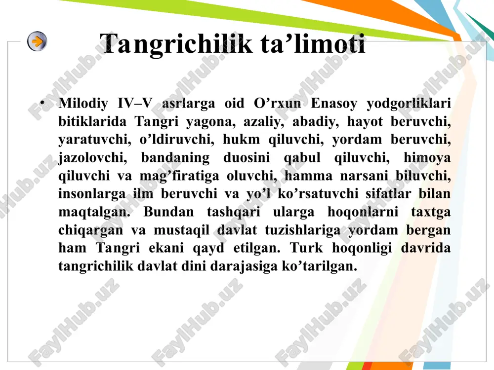 mazkur din izdoshlari soni boʼyicha dunyoda birinchi oʼrinda turib, xristianlik taʼlimotining paydo boʼlishi iso masih shaxsi bilan bogʼliq. falastinning nazaret qishlogʼida bokira qiz maryamdan xudoning amri bilan dunyoga keldi. xristianlik dinining markaziy osiyo hududiga kirib kelishi birinchisi, milodning iii asrlaridan to bugungi kunga qadar xristianlikni targʼib etuvchi missionerlarning targʼibotchilik harakati ikkinchi yoʼl, mintaqaning rossiya imperiyasi tomonidan bosib olinishi va xristian diniga eʼtiqod qiluvchi aholining ushbu mintaqaga koʼplab koʼchib kelishi orqali amalga oshgan. zardushtiylikda imon quyidagilargaasoslanadi: ezgu o’y ezgu so’zezgu amal xristianlik dinining eng yirik yoʼnalislari: katolik pravoslavprotestant