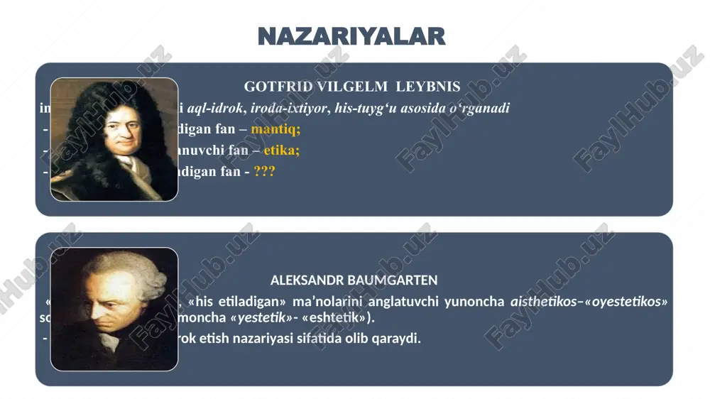 go‘zallik – ma’naviy va moddiy xususiyatga ega bo‘lgan, ijtimoiy hayotda favqulodda ahamiyat kasb etuvchi tushuncha bo‘lib, narsa-hodisalarning inson tafakkurida lazzatning uyg‘unlik, me’yor, hamohanglik, mutanosiblik, maqsadga muvofiqlik asosida namoyon bo‘lishidir. go‘zallik go‘zallik go‘zallik elementlari go‘zaliik sifatlari me’yor maqsadga muvofiqlik tartiblilik uyg‘unlik hamohanglik moslik yaxlitlik birlik mutanosiblik tenglik tug‘yoniylik maftunkorlik foydalilik mo‘jizaviylik go‘zallik go‘zallik xususiyatlari namoyon bo`lishi qulaylik manfaatdorlik yoqimlilik chiroylilik tabiatning go‘zalligi ma’naviy qadriyatlarning go‘zalligi moddiy qadriyatlarning go‘zalligi insonning go‘zalligi ulug‘vorlik ingliz nafosatshunosi e.byork go‘zallikni ulug‘vorlik bilan qiyoslaydi va ularni bir-biriga qarama-qarshi tushunchalar sifatida tadqiq etadi. olmon faylasufi i.kant esa go‘zallik va ulug‘vorlikni uyg‘unlikda rivojlanuvchi tushunchalar deb hisoblaydi. ulardan farqli o‘laroq, faylasuf gegel ulug‘vorlikni go‘zallikning bir ko‘rinishi bo‘lib, ulug‘vorlik - zohiriy go‘zallikning botiniy go‘zallikka aylanishidir, deb tushuntiradi. mazkur fikrlardan ulug‘vorlik - insonning narsa hodislarga estetik va axloqiy mezonlar bilan yondashishi va ulardan yuksak hayratlanish tuyg‘usini hosil qiluvchi estetik hissiyot majmui, degan fikr kelib chiqadi. tubanlik tubanlik - insonda kuchli nafratlanish tuyg‘ularini …