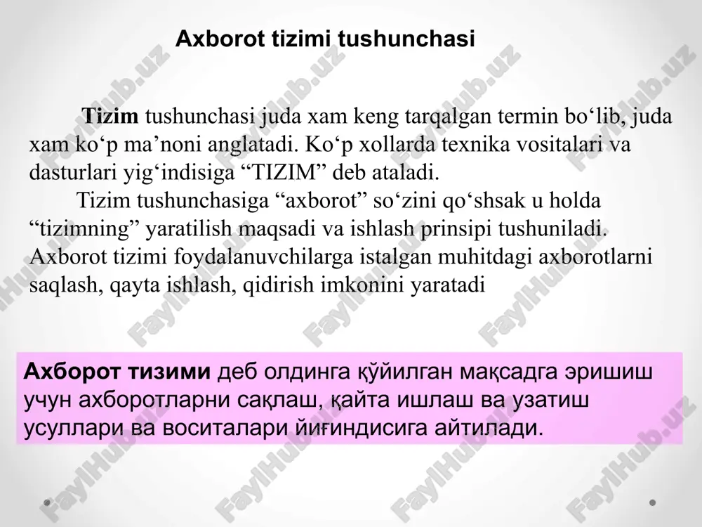 miyatlarning buyruqlari, meoyoriy va boshqa xujjatlar kiradi. axborot tizimini yaratish uchun xuquqiy ta’minot buyurtmachi va bajaruvchi munosabatlari bitilgan shartnoma asosida ta’minlanadi. axborot tizimidan foydalanish xuquqiy ta’minoti quyidagilarni o’z ichiga oladi: axborot tizimi statusi; xodimlarning xuquqlari, majburiyatlari va masouliyatlari; boshqaruv jarayonining xuquqiy ta’minlanishi; axborotni yaratish va undan foydalanish tartibi. nazorat savollar axborot tizimiga ta’rif bering. аxbоrоt tizimlаri tushunchаsi, ulаrni lоyihаlаsh bа yarаtish. аxbоrоt tizimlаrining turkumlаnishi, ulаrni ishlаb chiqish bа fоydаlаnish. аxbоrоt tizimlаrining tаshkil etubchilаri nimаlаrdаn ibоrаt? e’tiboringiz uchun rahmat kbuoysha69@gmail.com 998916069778 образец текста второй уровень третий уровень четвертый уровень пятый уровень image2.png image3.png