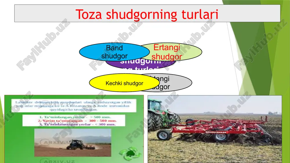 rdan (freza kabilardan) foydalanish. 3) bahorgi va ekin ekish oldidan alohida-alohida amalga oshiriladigan ishlarni bir vaqtda bajarish; 4)dalada traktor bir yurib o‘tishida zarur ishlarni bajaradigan kombinatsiyalashtirilgan agregatlardan foydalanish; xulosa: shudgorlashdan asosiy maqsad, erda imkoni boricha ko‘proq nam to‘plash va uni saqlash, begona o‘tlarni, kasallik va zararkunandalarni imkoniyat darajada kamaytirish yoki butunlay yo‘qotishdan iborat bo‘lib, buning uchun band qilinmagan yoki band qilingan shudgorlash turlaridan foydalaniladi. nazorat uchun savollar: 1.toza shudgor deb nimaga aytiladi? 2. qora shudgor nimaga va qanday amalga oshiriladi? 3. band shudgor deb nimaga aytiladi? 4. band qilinmagan shudgorni qanday ahamiyati bor? foydalanilgan adabiyotlar: asosiy 1. аzimboyev s.а. dehqonchilik, tuproqshunoslik va agrokimyo asoslari (darslik).т.: iqtisodiyot-moliya 2006.-180 b. 2. ermatov а.к.. «sug’oriladigan dehqonchilik» «o’qituvchi» т.: 1983 3. mo’minov к., аzimboyev s., sanaqulov а., berdiboyev е., кеnjayev yu., dehqonchilik ilmiy izlanish asoslari bilan. o’quv qo’llanma.- т.:”turon-iqbol”, 2014.-240 b. e’tiboringiz uchun raxmat!!! image1.jpeg image2.jpeg image3.jpeg image4.jpeg image5.jpeg image6.png image7.jpeg image8.jpeg image9.png image10.jpeg …