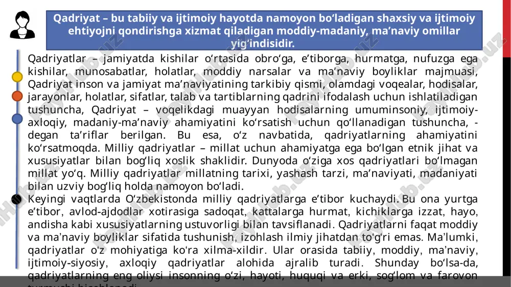 ir qator tizmli ishlar amalga oshirilmoqda. buning yorqin dalili sifatida o‘zbekiston respublikasi prezidentining 2022-yil 28-yanvardagi pf-60-sonli famoni bilan tasdiqlangan “2022 – 2026-yillarga mo‘ljallangan yangi o‘zbekistonning taraqqiyot strategiyasini “inson qadrini ulug‘lash va faol mahalla yili”da amalga oshirishga oid dаvlаt dаsturi” ishlab chiqilgan bo‘lib, mazkur davlat dasturi quyidagi 7 yo‘nalishni o‘z ichiga oladi: inson qadrini yuksaltirish va erkin fuqarolik jamiyatini yanada rivojlantirish orqali xalqparvar davlat barpo etish; mamlakatimizda adolat va qonun ustuvorligi tamoyillarini taraqqiyotning eng asosiy va zarur shartiga aylantirish; milliy iqtisodiyotni jadal rivojlantirish va yuqori o‘sish surʼatlarini taʼminlash; аdolatli ijtimoiy siyosat yuritish, inson kapitalini rivojlantirish; maʼnaviy taraqqiyotni taʼminlash va sohani yangi bosqichga olib chiqish; milliy manfaatlardan kelib chiqqan holda umumbashariy muammolarga yondashish; mamlakatimiz xavfsizligi va mudofaa salohiyatini kuchaytirish, ochiq, pragmatik va faol tashqi siyosat olib borish. mamlakatimizda milliy qadriyatlar jamiyat ongiga ommaviy axborot vositalari tomonidan ham singdirilib boriladi yoshlar, xususan talabalar va o’quvchilarni ma’naviy barkamol avlod vakillari sifatida tarbiyalash va shakllantirishda …