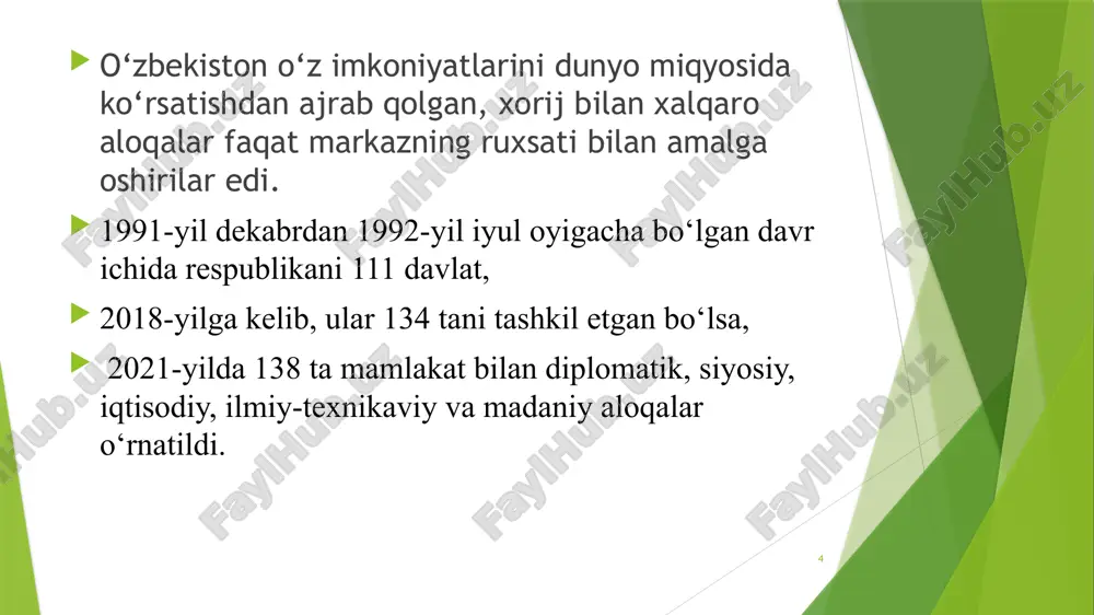 kilotga aʼzoligini bekor qildi. 12 rossiya federatsiyasi bilan mustaqillik yillarida bo‘layotgan o‘zaro manfaatli va teng huquqli hamkorlik yaxshi samara berayotganini taʼkidlab o‘tish joizdir. bu ikki mamlakat o‘rtasida 1992-yil o‘rnatilgan diplomatik aloqalardan so‘ng siyosiy, iqtisodiy sohalarda 150 dan ortiq shartnomalar imzolandi. 2003-yilning avgustida ikki mamlakat prezidentlarining navbatdagi uchrashuvi samarqand shahrida bo‘lib o‘tdi. unda rossiyaning “gazprom” va “lukoyl” kompaniyalarining o‘zbekistonda neft va gaz manbalarini qidiruv yuzasidan ishlayotgan korxonalarini texnik jihatdan qayta qurish masalalari muhokama qilindi. ikki davlat o‘rtasidagi tovar almashuv 2002-yili bir milliard aqsh dollarini tashkil etgan 13 2004-yili rossiya va o‘zbekiston o‘rtasidagi munosabatlar yanada mustahkamlandi. shu yili ikki davlat prezidentlari jami yetti marta uchrashdi. o‘zbekistonga 32 marotaba rossiya hukumati delegatsiyalari tashrif buyurdi, shu jumladan, rossiya davlati xavfsizlik kengashining raisi, mudofaa, tashqi ishlar, transport vazirlari o‘zbekistonlik davlat rahbarlari bilan muhim masalalar bo‘yicha bitimlar tuzdi. shu yili 16 iyunda ikki davlat o‘rtasida strategik hamkorlik to‘g‘risida bitim tuzildi. bunda siyosiy, harbiy, harbiy-texnika, iqtisodiy-ijtimoiy va …