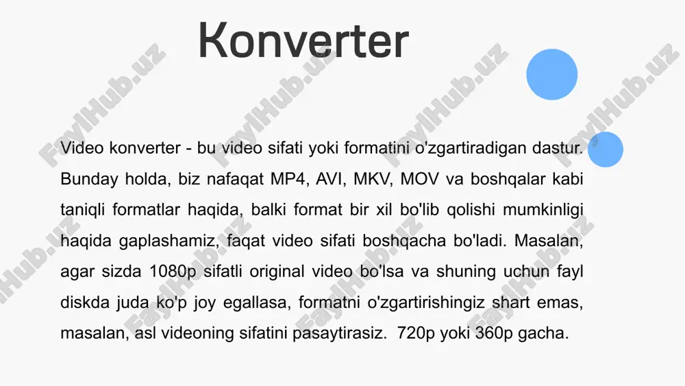 eolarni saqlash: o'zgartirilgan videolarni tanlangan joyda saqlashni o'zi o'zi o'z ichiga oladi. sozlashlar va effektlar: videolar uchun engil, tushuntiruvchi va ko'plab boshqa sozlashlarni qo'llab-quvvatlash. video konvertorlar, videolarni o'zgartirish, o'zgartirish, va istalgan maqsad uchun tayyorlash uchun keng foydalaniladigan qulay dasturlardir. ular qulaylik, osonlik va o'zgartirilgan videolarni yaratish imkonini beradi. format factory konvertatori format factory - bu multimedia fayllarini aylantirish uchun bepul kompyuter dasturi. dastur video, audio va tasvir fayllarini, shuningdek, dvd disklarni videofayllarga, cd larni audio fayllarga aylantirishi mumkin. mp4 fayllarni ipod/iphone/psp/blackberry formatlariga o'zgartiradi. oxirgi versiya: 5.16.0.0 (2023-yil 1-noyabr) tuzuvchi: bo'sh vaqt veb-sayt: pcfreetime.com turi: ma'lumotlarni aylantirish handbrake: handbrake bepul va ochiq manbali video konvertor hisoblanadi. boshqa formatlarga video o'zgartirish, ko'chirish va o'zgartirilgan videolarni yaratish imkonini beradi. video kodeklarini va parametrlarini qo'llab-quvvatlaydi. platformalar: windows, macos, va linux. freemake video converter: freemake bepul dasturdir va komfortlik bilan ishlaydi. video fayllarni bir formatdan boshqasiga o'zgartirish, tahrirlash, va ko'chirish imkonini beradi. video optimallashtirish, subtitrlarni …