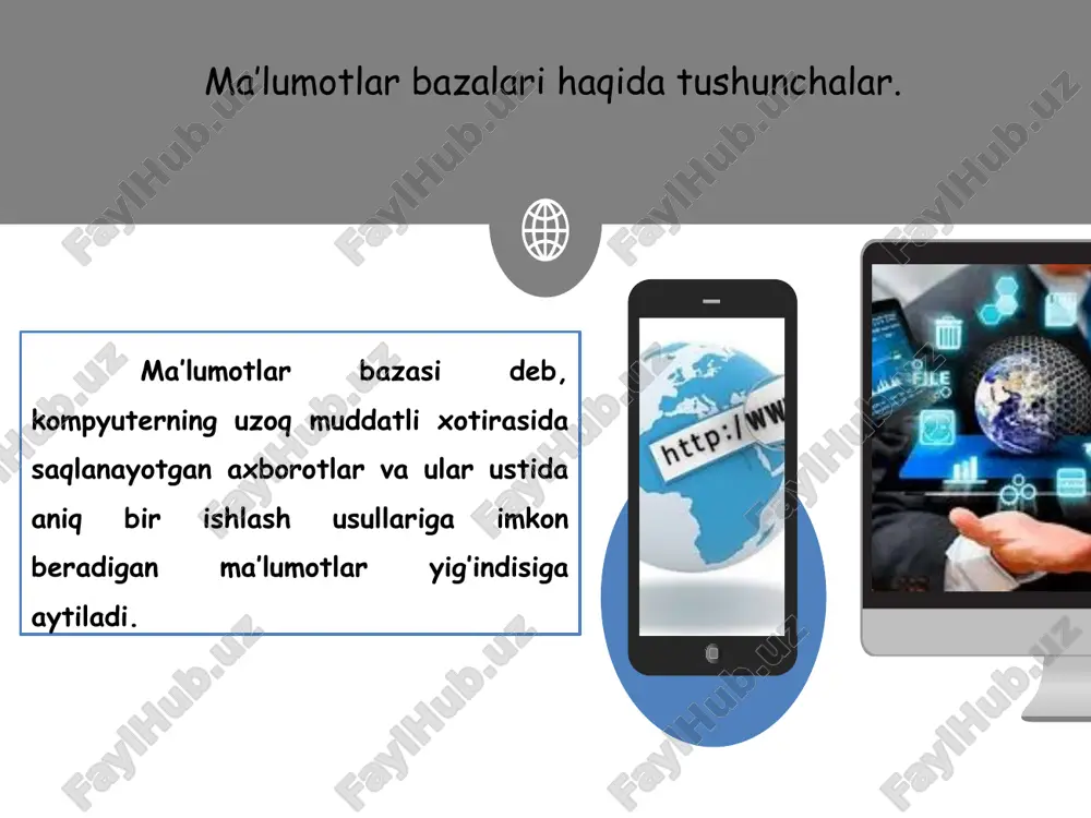 nlar) ni ularning modellari yordamda tadqiq qilish, mavjud narsa va hodisalarning modellarini yasash va o'rganishdan iborat. modellashtirish uslubidan hozirgi zamon fanida keng foydalanilmoqda. u ilmiy-tadqiqot jarayonini osonlashtiradi, ba'zi hollarda esa murakkab ob'ektlarni o'rganishning yagona vositasiga aylanadi. modellashtirishning, ayniqsa, mavhum ob'ektlarni, olis-olislarda joylashgan ob'ektlarni, juda kichik hajmli ob'ektlarni o'rganishda ahamiyati kattadir. modellashtirish uslubidan fizika, astranomiya, biologiya, iqtisod fanlarida ob'ektning ma'lum xususiyat va munosabatlarini aniqlashda foydalaniladi. ma’lumotlat bazasini yaratish bosqichlari muammoning qo'yilishi obyektning tahlili model sintezi mb jadvallarining tuzilmasini yaratish ms access ma’lumotlar bazasini boshqarish tizimida ma’lumotlar bazasini yaratish texnologiyasi. microsoftaccess dasturidan maʼlumotlar bazasini yaratishda foydalaniladi. microsoft office keng tarqalgan ofis ishlarini avtomatlashtiruvchi dasturlar paketidir. uning tarkibiga kiruvchi access nomli dasturlar majmuasi hozirda mbbt sifatida keng oʻrganilmoqda va qoʻllanilmoqda. microsoft access dasturi microsoft access dasturi microsoft office dasturlar paketiga kiruvchi dasturlardan biri bo‘lib u asosan ma’lumotlar bazasi bilan ishlashga asoslangan. microsoft access dasturini boshqa ma’lumotlar bazasi bilan ishlaydigan dasturlardan asosiy qulayligi shundaki …