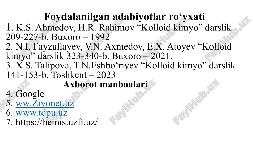 larga mansub bo‘lganligi uchun ular emulgatorlar deb ataluvchi maxsus stabilizatorlarning bo‘lishini (ishtirokini) talab etadi. emulgatorlarning asosiy turlari: 1. sovun va sovunsimon samlar; 2. eruvchan yumb; 3. yuqori disperslikka ega bo‘lgan qattiq jism. emulgator tanlashda quyidagi umumiy qoidaga amal qilinadi: emulgatorlar hamma vaqt dispers fazaga nisbatan dispersion muhitda yaxshi eriydi, qattiq erimaydigan emulgatorlar yaxshi ho‘llanadi. eng yaxshi emulgatorlar bu sirt faol moddalar va ba‘zi yumb lardir. eng samarali usul bu–kimyoviy reagentlar ta‘sirida emulgator tabiatini o‘zgartirishdir. emulsiyalarning ishlatilishi 3. sirt aktiv moddalar va ularning qo‘llanilishi. latekslar. erigan moddani erituvchining sirt tarangligini o‘zgartirish qobiliyatiga - sirt–faollik deyiladi. shunday moddalar borki, ular suvda yaxshi eriydi, masalan, spirt, tuz, glitserin va x.k. bunday moddalar gidrofil moddalardir. moddalar borki, ular suvdan qochadi, amalda suvda erimaydi, masalan, yog‘lar, parafin va x.k. – bunday moddalar gidrofob moddalardir. agar bitta molekulada xam gidrofoblik, xam gidrofillik namoyon bo‘lsa, bunday moddalar difil tuzilishga ega bo‘ladi. yani ikki hil ko‘rinish ma’nosini anglatadi. …
