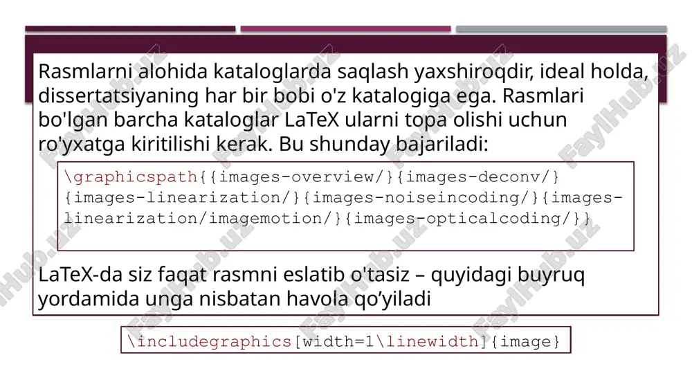 o'rnatamiz: ikkita rasm uchun 0,48, uchtasi uchun 0,31 va hokazo. \begin{figure}[h] \begin{minipage}[h]{0.47\linewidth} \center{\includegraphics[width=1\linewidth]{image}} a) \\ \end{minipage} \hfill \begin{minipage}[h]{0.47\linewidth} \center{\includegraphics[width=1\linewidth]{image}} \\b) \end{minipage} \vfill \begin{minipage}[h]{0.47\linewidth} \center{\includegraphics[width=1\linewidth]{image}} c) \\ \end{minipage} \hfill \begin{minipage}[h]{0.47\linewidth} \center{\includegraphics[width=1\linewidth]{image}} d) \\ \end{minipage} \caption{correlation signal peaks: a) numerical experiment, b) registered correlation signals, c) intensity distribution of correlation signals in numerical experiment, d) correlation signals intensity distribution for dcraw processed data.} \label{ris:experimentalcorrelationsignals} \end{figure} turli sarlavhalarga ega ikkita rasm \begin{figure}[h] \begin{center} \begin{minipage}[h]{0.4\linewidth} \includegraphics[width=1\linewidth]{image} \caption{isxodnoe izobrajenie.} %% podpis k risunku \label{ris:experimoriginal} %% metka risunka dlya ssilki na nego \end{minipage} \hfill \begin{minipage}[h]{0.4\linewidth} \includegraphics[width=1\linewidth] {image} \caption{zakodirovannoe izobrajenie.} \label{ris:experimcoded} \end{minipage} \end{center} \end{figure} bu muhim alohida holat, chunki ko'pincha ikkita chizma uchun bitta sarlavha qo'yish qiyin, shuning uchun ularni ikkita alohida, lekin ketma-ket chizmaga ajratish yaxshiroqdir. buning uchun minipagedan foydalanamiz. o’z havolalariga ega uchta rasm oldingi ishning sarlavhasidagi o'zgarish, lekin subfigure orqali. bunday holda, foydalanuvchi alohida havolalar bilan kichik raqamlarga murojaat qilishi mumkin. \ref{fig:actuatorscouplingsheme_decoupledcase} “fig 2(a)” …