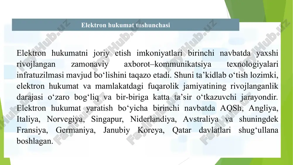 * elektron hukumat tushunchasi “elektron hukumat to‘g‘risida”gi qonunning qabul qilinishi bilan mamlakatimizda “elektron hukumat” tizimini joriy etish va rivojlantirishning huquqiy asoslari yaratildi, aholi hamda tadbirkorlik sub’ektlari uchun davlat xizmatlari sifati va ulardan foydalanish qulayliklari oshdi, fuqarolarga uyi yoki ishxonasidan turib, elektron shaklda murojaat qilish, ma’lumotnoma hamda boshqa hujjatlarni olish yoki tadbirkorlik faoliyatini tashkil etish imkoniyatini beradigan interaktiv xizmatlar ko‘rsatilishini ta’minlandi. elektron hukumat vazifalari elektron hukumat klassifikatsiyasi www.egovernment.uz davlat va fuqaro o‘zaro bog‘langan faoliyati rejim 24/7/365; qiziqishlarni qo‘llab quvvatlovchi tizim; iqtisod davlat va biznes o‘zaro bog‘langan faoliyati o‘zarokelishilgan shartlar; autsorsing davlat boshqaruvining turli tarmoqlarinng o‘zaro bog‘langan faoliyati akt bilan ishlashda xodimlarni motivatsiya qilish davlat va davlat xzmatchilari o‘zaro bog‘langan faoliyati xodimlar malakasini oshirish g2c government to citizen g2b government to business g2g government to government g2e government to employees * davlat biznesga xizmatlari (g2b) biznesni boshlash litsenziyalar va ruxsatnomalarni ro'yxatdan o'tkazish soliq va statistik hisobotlarni taqdim etish elektron to'lovlar hukumat organlari …
