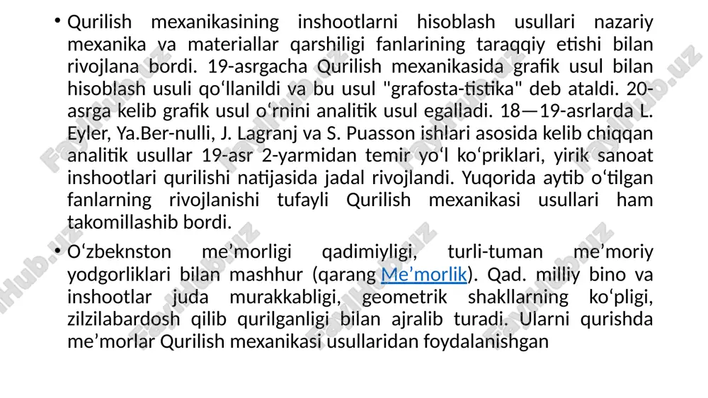 dan hozirgi davrgacha bolgan tarixi qurilish mexanikasiga ham bevosita aloqadir. eradan avvalgi vi–asrlarga kelib, qadimgi ajdodlarimiz hozirgi zamon atamasi bilan aytganda, gidravlika, qurilish mexanikasi, statika, dinamika va koinot mexanikasiga oid boshlangich elementar bilimlardan xabardor bolganlar. masalan: kanallar otkazish, ekinlarni sugorish, suvni tepaliklarga olib chiqish kabi ishlarni ishlarni bajarganlar. hozirgi pokiston hududida joylashgan mohinja–dora shahrida eradan avvalgi iii asrda suv quvurlari (vodoprovod) va yomgir suvlarini chetga chiqaradigan kanalizatsiya tarmogi bolgan. vodoprovod tarmogi bundan 2500 yil muqaddam respublika hududida joylashgan afrosiyob (qadimgi samarqand) ahlini zilol suv bilan taminlab turgan. kop asrlik tajriba asosida tosh, hom gisht va pishiq gisht mustahkamliklari orasidagi tafovut tola organildi. eradan avvalgi vi–asrlarga kelib, qadimgi ajdodlarimiz hozirgi zamon atamasi bilan aytganda, gidravlika, qurilish mexanikasi, statika, dinamika va koinot mexanikasiga oid boshlangich elementar bilimlardan xabardor bolganlar. masalan: kanallar otkazish, ekinlarni sugorish, suvni tepaliklarga olib chiqish kabi ishlarni ishlarni bajarganlar. hozirgi pokiston hududida joylashgan mohinja–dora shahrida eradan avvalgi iii asrda …