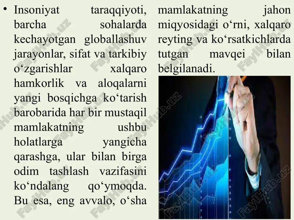 s’ul davlat organlarining birinchi rahbarlari har chorak yakuni bo‘yicha: - keyingi oyning 15-sanasiga qadar kengash ishchi organlariga mamlakatda amalga oshirilayotgan islohotlar to‘g‘risidagi ma’lumotlar, zarur statistik axborotlar va boshqa materiallarni taqdim etadi; - keyingi oyning 30-sanasiga qadar kengash raisi yoki o‘rinbosarining rahbarligida o‘tkaziladigan yig‘ilishlarda tegishli xalqaro reyting va indekslarda kpi ga erishish uchun amalga oshirilgan chora-tadbirlar to‘g‘risida axborot beradi. farmon bilan adliya vazirligi markaziy apparati tuzilmasida xalqaro reyting va indekslar bilan ishlash boshqarmasi tashkil etildi. 2020-yil 1-oktyabrga qadar internet tarmog‘ida «o‘zbekiston respublikasi xalqaro reytinglarda» yagona portali ishga tushirilishi rejalashtirilgan edi. uning tarkibiy qismi - boshqaruv sifati va siyosatning samaradorligini oʻlchash, mamlakatda yuz berayotgan oʻzgarishlar jarayonini baholash, tadqiqotlar natijalaridan kelib chiqqan holda islohotlarning ustuvor yoʻnalishlarini ishlab chiqishga yordam beruvchi ustuvor xalqaro reytinglarning mezonlari va indikatorlari. tizimni tashkil etishning dastlabki bosqichida milliy tadqiqot institutlariga alohida xalqaro reytinglar biriktiriladi. muassasalar ushbu reytinglarning metodologik va boshqa tarkibiy qismlarini aniqlashlari, ularni amaldagi qonunchilikka implementatsiya qilishlari, oʻzini …