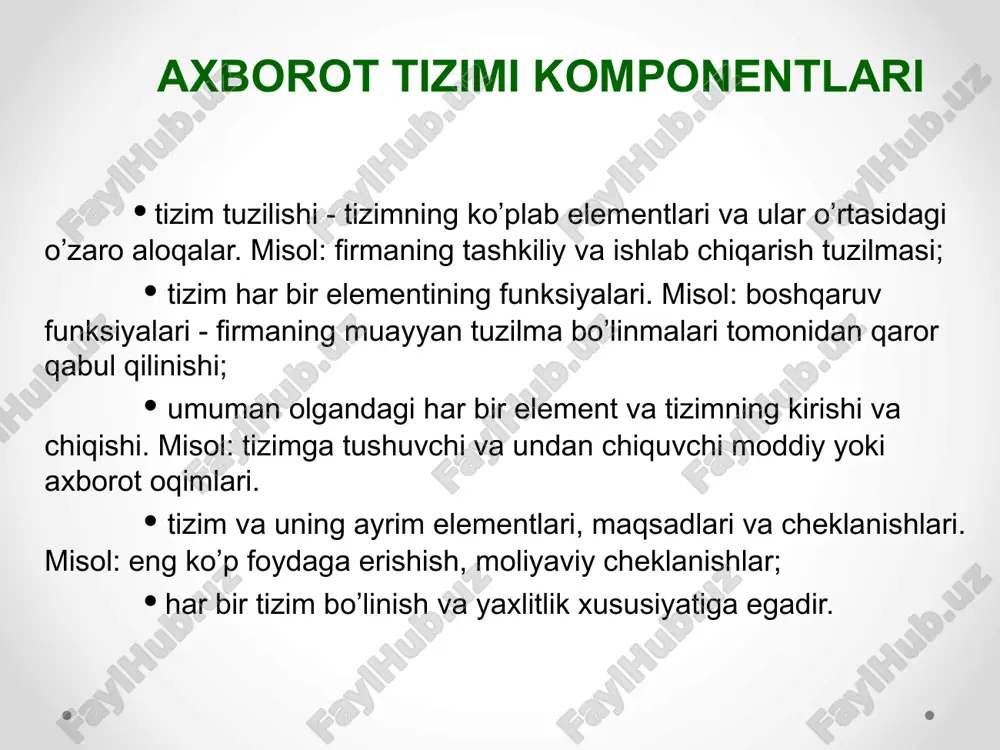 o‘lgan kompyuterlar talab etila boshlandi. 70—80-yillarda axborot tizimlari qarorlarni qo‘llab-qo‘vvatlovchi va tezlashtiruvchi jarayonga ega bo‘lgan nazorat boshqaruvi vositalari sifatida keng foydalanila boshlandi. 80-yillar oxiridan boshlab, axborot tizimlaridan foydalanish kontseptsiyasi yanada o‘zgarib bormoqda. ular axborotning strategik manbai bo‘lib qolmoqda va istalgan sohada tashkil etishning barcha darajalarida foydalanilmoqda. bu davrning axborot tizimlari axborotni o‘z vaqtida berib, tashkilot faoliyatida muvaffaqiyatga erishishga yordam bermoqda axborot texnologiyalari va axborot tizimlari o'rtasidagi nisbat axborot texnologiyasining asosiy maqsadi dastlabki axborotni qayta ishlash bo'yicha maqsadli harakatlar natijasida foydalanuvchi uchun zarur bo'lgan axborotni olishdan iboratdir. axborot tizimi tarkibiy qismlari kompyuterlar, kompyuter tarmoqlari, dasturiy mahsulotlar, ma'lumotlar bazasi, odamlar, aloqaning turli texnik va dasturiy vositalar va h.k.lardan iborat bo'lgan muhit hisoblanadi. axborot tizimining asosiy maqsadi – axborotni saqlash va uzatishni tashkil etish. axborot tizimi axborotga ishlov berishning “odam – kompyuter” tizimidan iboratdir. axborot tizimining funksiyalarini unga yo'naltirilgan atni bilmasdan turib amalga oshirib bo'lmaydi. at axborot tizimi sohasidan tashqarida ham mavjud bo'lishi …
