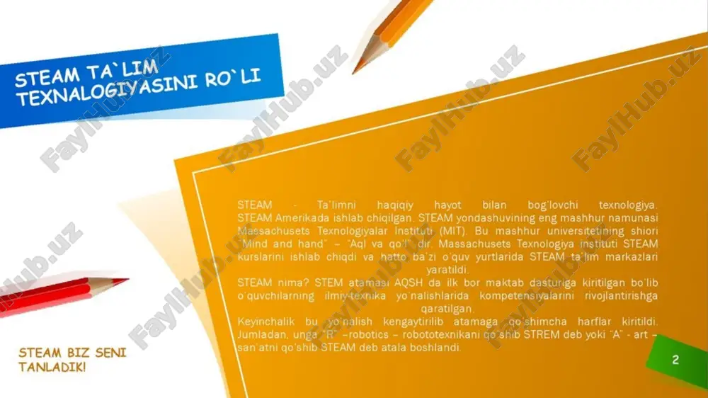 im maktabgacha yoshdan boshlab boshlanishi kerak, shuning uchun dasturlarni bolalar bog’chalariga kiritish kerak. fan tili ingliz tilidir. agar ilm-fanni o’rganish va olim bo’lishni istasangiz, bu tilni bilishingiz kerak. steam yondashuvi bolalarni tajribalar o’tkazishga, modellar tuzishga, mustaqil ravishda musiqa va filmlar yaratishga, o’z g’oyalarini haqiqatga aylantirishga va yakuniy mahsulotni yaratishga undaydi. ushbu ta’lim yondashuvi bolalarga nazariya va amaliy ko’nikmalarni samarali tarzda birlashtirishga imkon beradi va universitetga kirish va keyingi o’qishni osonlashtiradi. steam –ta’limining 10 ta afzallik tomoni bor. ta’lim berishni o‘quv fanlari bo‘yicha emas, balki “ mavzu” lar bo‘yicha integratsiyalab olib borish.steam –ta’limida fanlararo aloqa va loyihalash metodi birlashtirilgan bo‘lib, uning asosida tabiiy fanlarni texnologiyaga, muhandislik ijodiyotga va matematikaga integratsiya qilish yotadi. bunda muhandislik bilan bog‘liq kasblarga bo‘lgan tayyorgarlik amalga oshiriladi. ilmiy-texnik bilimlarni real hayotda qo‘llash.steam – ta’limida amaliy mashg‘ulotlar yordamida, bolalarga ilmiy-texnik bilimlaridan real hayotda foydalanish namoyish qilinadi. har bir darsda o‘quvchilar zamonaviy industriya modellarini ishlab chiqadi, quradi va modelni …
