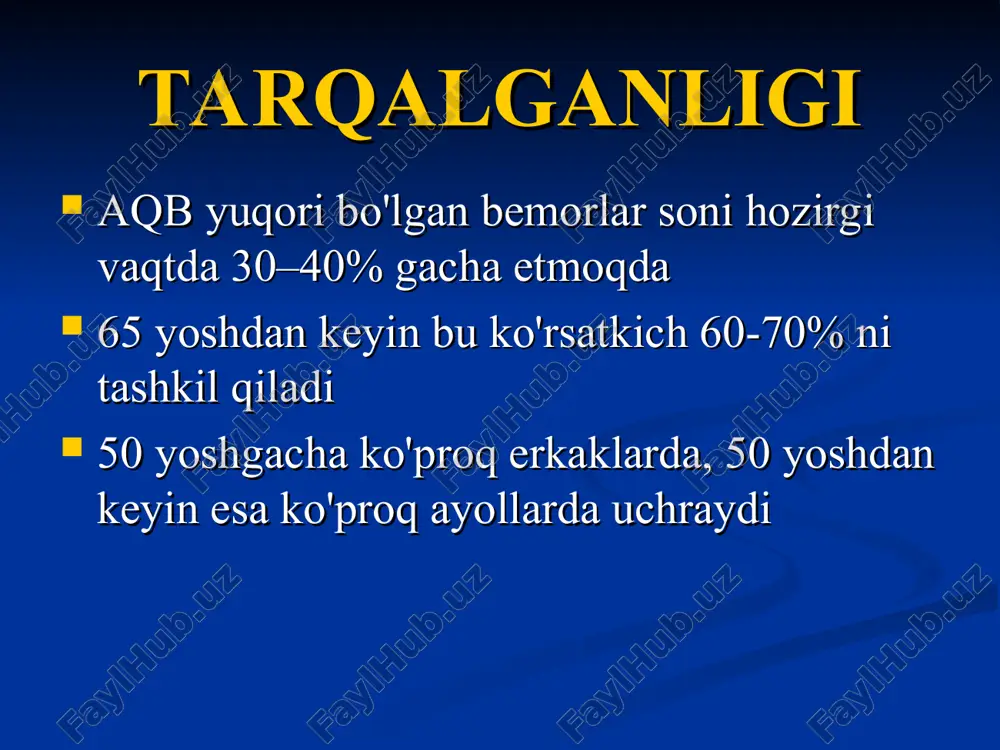 z tubi o'zgarishlari. 1-ko'ruv nervi diski; 2-sariq dog'; 3-“mis sim” simptomi; 4-arteriya va vena kesishishi simptomi (salyus ii); 5-sariq dog' sohasida bukilgan venlar (gvist simptomi) gipertonik retinopatiya: to'rpardadagi «laxtasimon» ekssudatlar, arteriyalar torayishi (j.d. swales) gipertonik retinopatiya: venalar trombozlari to'rparda gemorragiyalar (j.d. swales) gipertonik retinopatiya: ko'ruv nervi diskining shishi (j.d. swales) asoratlari gipertoniya krizlari miya qon aylanishining buzilishlari miokard infarkti nefroskleroz (birlamchi buyrak bujmayishi) yurak etishmovchiligi aorta anevrizmi davolashning asosiy tamoyillari aqbni optimal darajada ushlash nishon a’zolarini himoyalash risk omillarini bartaraf qilish dorilarsiz davolash - ortiqcha vaznni kamaytirish. - giperlipidemiya korrektsiyasi. - osh tuzini meyorlash. - alkogol istemol qilmaslik. - chekmaslik. - jismoniy faollikni oshirish. antigipertenziv dori vositalari β-adrenoblokatorlar noselektiv propranalol nadolol selektiv atenolol bisoprolol metoprolol kaltsiy antagonistlari digidropiridinlar nifedipin amlodipin isradipin fenilalkilaminlar verapamil benzodiazepinlar diltiazem apf ingibitorlari aktiv shakllari kaptopril lizinopril dori o’tmishdoshlari enalapril ramipril angiotenzin ii retseptorlari blokatorlari bifeniltetrazollar lazortan irbesartan nonbifeniltetrazollar eprosartan nogeterotsiklik blakatorlar valsartan diuretiklar tiazidlar gidroxlortiazid …