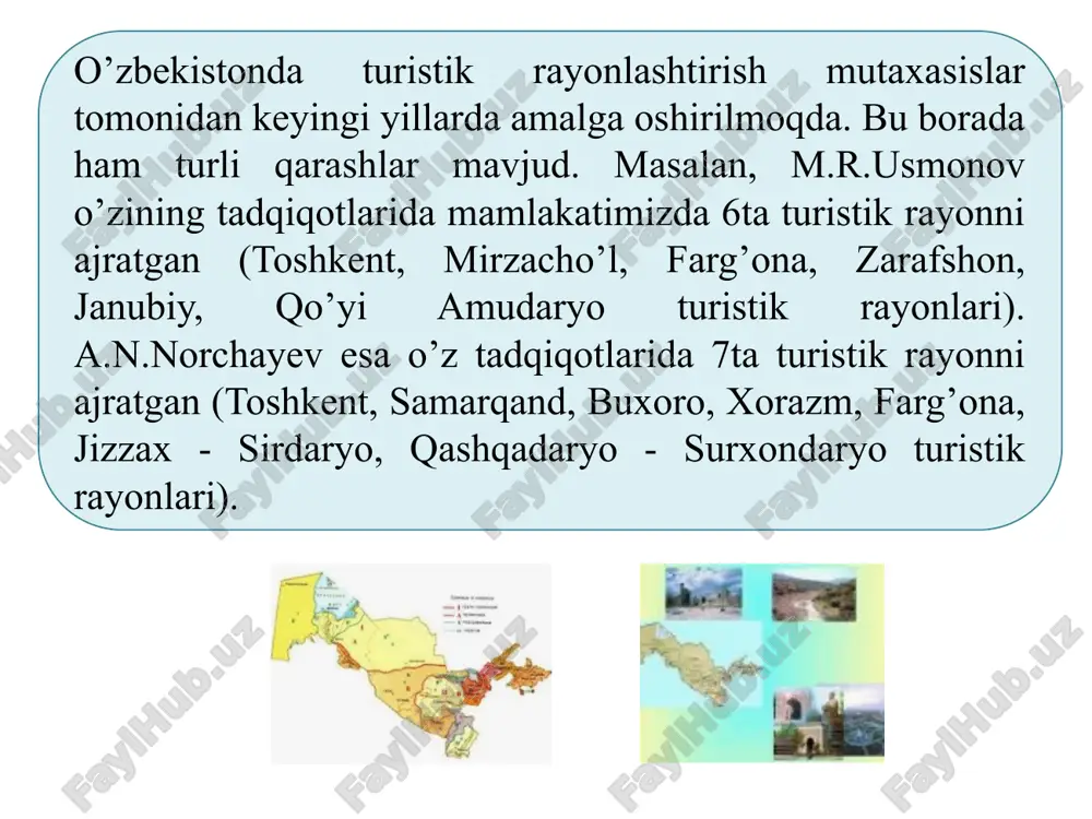 rasida turadi va shuning uchun ham undan kompleks foydalanish imkoniyati ochib berilishi lozim ekoturistik rayonlarning iqtisodiy samaradorligini oshirish va uning jozibadorligini namoyon etish uchun ekoturstik marshurutlar, tarixiy, tabiiy, ma’naviy-ma’rifiy, diniy kabi turistik sayohatlar bilan birga olib borish imkoniyatlarini hisobga olish, ekoturistlarni milliy g’oya ruhida tarbiyalash imkoniyatini yuzaga chiqarish va h.k yuqorida aytib o’tilgan ilmiy prinsip va asoslarga binoan a.nig’matov va n.shomuratovalar o’zbekiston hududini 14 ta ekoturistik rayonga ajratgan: ustyurt ekoturistik rayoni. ustyurt - o’zbekistonning shimoliy-g’arbi – qoraqalpog’istonda joylashgan plato (yer yuzasi kam parchalangan yassi tekislik). uning maydoni juda katta (200 ming km2 ), yo’llari asfaltsiz, o’nqir-cho’nqir yo’llardan iborat bo’lgani uchun ham ekoturistik marshurutlar “djip ” rusumdagi mashinalar, samolyot yoki vertolyotlarda olib borilgani maqul. ustyurtning sayyohlarni o’ziga jalb qiladigan ekoturistik obyektlariga: -“chink”- dunyoda eng katta va yagona 60-150 metrlik tik qoyali jarlar bilan o’ralgan plato, doimiy oqar suvlarga ega bo’lmagan, lekin yer osti suvlariga ega supasimon tekisligi; -davolash xususiyatiga ega bo’lgan …