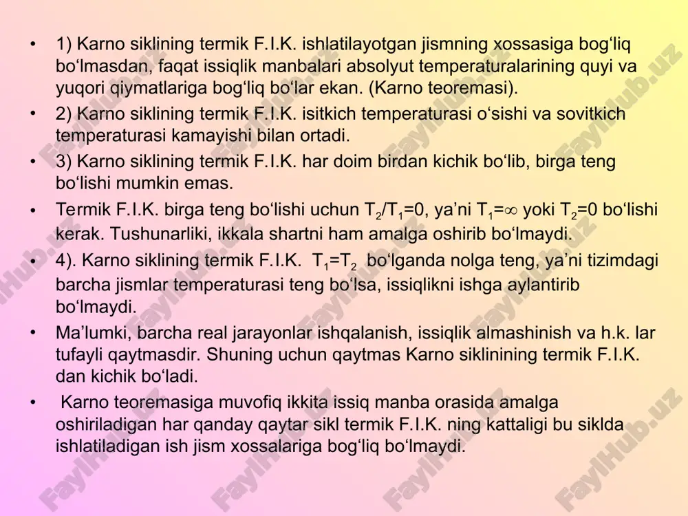 hun kengayish ishi siqilish ishidan katta bo`lishi kerak. foydali ish kengayish va siqilish ishlarining ayirmasiga teng: ma`lumki, siqilish chizig`i bna kengayish chizig`i amv ga nisbatan qanchalik pastda joylashgan bo`lsa, foydali ish l shunchalik katta bo`ladi. yo`nalishi soat strelkasining yo`nalishiga mos tushadigan, yuqorida ko`rib chiqilgan aylanma tsikl to`g`ri tsikl deyiladi. u barcha issiqlik dvigatellari uchun umumiydir. teskari aylanma tsiklning (buni qaytar tsikl bilan chalkashtirib yubormaslik lozim) yo`nalishi soat strelkasining yunalishiga teskari bo`ladi. sovitish mashinalari teskari tsikl bo`yicha ishlaydi. tsiklning termik f.i.k. issiqlik mexanikaviy ishga aylantiradigan dvigatelnnng uzluksiz ishlashi uchun jismga q1 issiqlik beradigan issiqlik manbai va jismdan q2, issiqlik oladigan sovitgich bo`lishi zarur. shunda q=q1+ q2 issiqlikni mexanikaviy ish l ga aylantirishga imkon xarakat qilish lozim termodinamikaning birinchi qonuniga muvofik q1 - q2 = lekin aylanma protsessda ichki energiya ning ko`payishi nolga teng, chunki jism o`zining dastlabki xolatiga qaytadi. shuning uchun q1 - q2 = l ish l ga aylangan issiqliknnng …