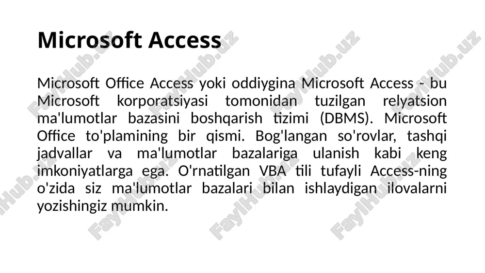 shlari mumkin ? accessda tasvirlanadigan maydon turlari ma’lumotlar turi ta’rif matnli (yozuvli) bu maydon turi matnlardan tashkil topgan bo‘lib, uning uzunligi (hajmi) 255 belgidan oshmasligi kerak (maydon uzunligi maydon o‘lchami bilan o‘rnatiladi) memo maydoni memo maydonida hajmi 65535 belgidan ko‘p bo‘lmagan matnli (yozuvli), yoki yozuvli va raqamli malumotlar saqlanadi (bu maydon turi tndekslanmaydi) raqamli bu maydon turi raqamli qiymatlarni saqlaydi, ularning diapazoni maydon o‘lchami parametrida aniqlanadi ma’lumotlar turi ta’rif sana/vaqt bu maydon qiymati sana va vaqtlardan iborat (8 bayt) va 100dan 9999 gacha yil dipazonini kiritish mumkin pulli bu maydon qiymati raqamlar bo‘lib, unda butun nuqtasidan 15 razryad chapda va 4 razryad o‘ngda raqamlar saqlanishi mumkin hisoblagich bu maydom qiymati unikal qiymat bo‘lib, u jadvalga yangi yozuv qo‘shilganda avtomatik ravishda bir qiymatga oshib boradi mantiqiy bu maydon “ha” yoki “yoq” qiymatlarni saqlaydi. access da “1”- “ha” va “0” –“yoq” holatlariga ishlatiladi (bu maydonga tndeks kiritilmaydi) ole ob’yekt maydoni bu maydonga …