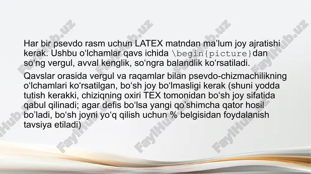 qavslar ichida, majburiydan keyin). yarim ovalni o‘rnatish uchun bu argument quyidagi harflardan biri bo‘lishi kerak: t yuqori yarmi b pastki yarmi r o‘ng yarim l chap yarmi qisqartirilgan ovalning kelib chiqishi tegishli to‘liq ovalning boshlang‘ich nuqtasi qayerda bo’lsa, o‘sha joyda joylashadi. qisqartirilgan tasvirlar bilan rasmga misol: \begin{document} \begin{picture}(100,80) \put(50,40){\oval(80,60)[t]} \put(50,40){\oval(80,60)[br]} \end{picture} \end{document} egri chiziqlar picture muhitidan foydalanishda foydalanuvchi murojaat qilishi mumkin bo’lgan psevdo-chizishda egri chiziqlar - bu kvadratik bezier splinlari deb ataladi. bu \qbezier buyrug‘i yordamida amalga oshiriladi. misol: \begin{document} \begin{picture}(80,80) \qbezier(22,2)(120,20)(20,77) \put(22,2){\circle*{5}} \put(120,20){\circle*{5}} \put(20,77){\circle*{5}} \end{picture} \end{document} \qbezier - dan so‘ng, uchta nuqtaning koordinatalari (bo‘sh joysiz) belgilanishi kerak: boshlang‘ich, opor(tayanch) va oxirgi(nixoyaviy). egri chiziq boshlang‘ich nuqtadan chiqib ketadi, lekin, oxirgi nuqtaga yetib bormaydi, chunki oxirgi nuqtaga yetmasdan o‘girilib, o‘z yo‘lini tugatadi. misolda orentatsiya uchun rasmga ushbu uchta nuqta - qora rangdagi doiralar qo‘yilgan. tex egri chiziqlarni chizishida qoida mavjud emas: bu egri chiziqlar shunchaki yuzlab qora kvadratlardan iborat. latexga murojaat …