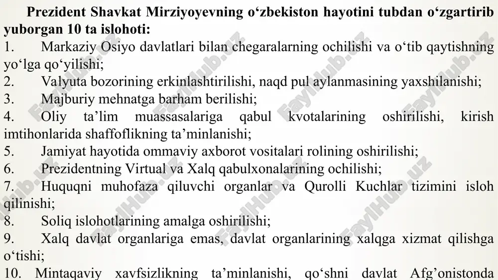 a ekin maydonlarini 49 ming gektarga va g’alla maydonlarini 10 ming gektarga qisqartirish 8,1 27,2 5,9 2,9 10,9 4,0 yangi bog’lar (ming gektar) 15,4 7,3 9,0 26,4 14,1 59 ming gektar 72,2 ming gektar iqtisodiyotni rivojlantirish va liberallashti iqtisodiyotni rivojlantirish va liberallashtirish ijtimoiy sohani rivojlantirish * 1941–1945-yillardagi urush va mehnat fronti faxriylari, nafaqaxo‘rlar, nogironlar, yolg‘iz qariyalar va aholining boshqa nochor qatlamlaridan kamida 35 ming nafarini sanatoriy muassasalarida bepul davolanishini tashkil qilish bepul asosda kamida 10 ming nafar nogiron va yolg‘iz qariyani protez-ortopediya buyumlari va texnik reabilitatsiya vositalari bilan ta'minlash «tez tibbiy yordam xizmati»ni jami 1200 ta maxsus avtotransport vositasi bilan ta'minlash 343 nomdagi dori vositalari va tibbiy buyumlarning qat’iy narxlarni belgilash ijtimoiy sohani rivojlantirish 15 000 ta arzon uy-joylar qurish 415,3 km ichimlik suvi quvurlari tortish 219,5 km elektr energiyasi liniyalari tortish 316,9 km tabiiy gaz quvurlari tortish 291 km ichki yo’llarni ta’mirlash 134 ta bozorlar qurish qishloq joylarda: ijtimoiy …