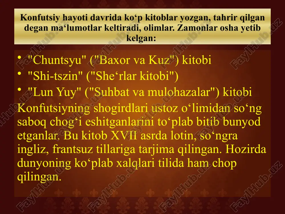 irlarini bilib olish uchun yoshlardan quyidagilar talab qilinadi. 1. sof aqlga ega bo‘lish; 2. o‘rganish zarur bo‘lgan narsani ko‘rish; 3. diqqatni to‘play olish; 4. kuzatish lozim bo‘lgan narsalarni ma’lum tartibda ketma-ket ko‘rsatish. komenskiyning fikricha bolalarni maktabga har yili bir marta qabul qilish lozim. o‘qishga qabul qilinganlar sinflarga taqsimlanib chiqilishi kerak. maktabda sinflar soni qancha bo‘lsa, sinf xonalari ham shuncha bo‘lishi kerak. boshlang‘ich sinf o‘quvchilari har kuni to‘rt soat, gimnaziya o‘quvchilari olti soat o‘qishi kerak. har bir darsda ma’lum vazifani bajarish kerak. muallim biror narsani tushuntirayotganda hamma bolalar diqqat bilan tenglasinlar. komenskiy butun dunyoda pedagogik fikrlar va maktablar taraqqiyotida juda katta ta’sir ko‘rsatdi. shuning uchun ham butun insoniyat komenskiyni qadrlaydi. e’tiboringiz uchun tashakkur image2.png image3.png image4.png image5.png image6.png image7.png image8.png image1.png /docprops/thumbnail.jpeg