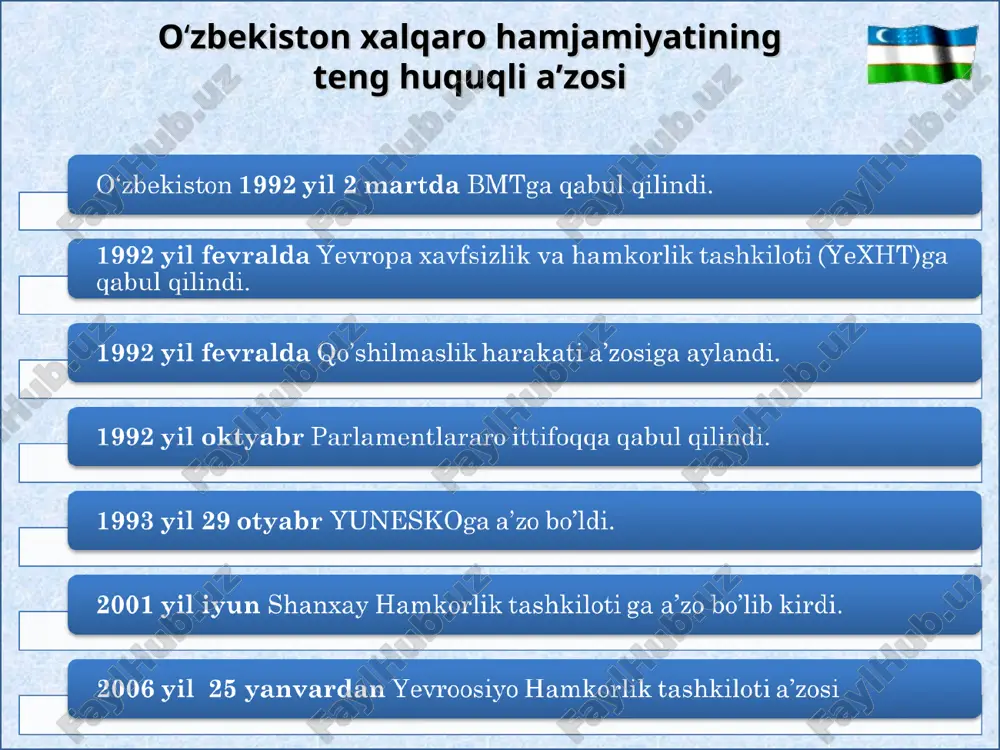 nurgaliev generalniy sekretar mezentsev dmitriy fedorovich tashkil etilgan sanasi 2001 yil 14 iyun shanxay hamkorlik tashkiloti shhtning shakllanishi 1992 yildan xitoy bilan chegaradosh besh postsovet respublikalarining o‘zaro chegaralarni aniqlash bilan bog‘liq muammolarni muhokama qilishdan boshlangan. “shanxay beshligi” deb nom olgan bu tashkilot 1996 yilda shanxayda, 1998 yilda almatida, 1999 yilda bishkekda besh davlat rahbarlarining sammiti chegaralarni mustahkamlash, chegara hududlarida qurolli kuchlarni qisqartirish kabi masalalarni kelishib, hal etishga qaratildi. 2001 yil 15 iyunda shanxay sammitida tashkilotga oltinchi bo‘lib o‘zbekiston qo‘shildi, shht tuzish to‘g‘risidagi deklaratsiya e'lon qilindi. «terrorizm, separatizm va ekstremizmga qarshi kurash to‘g‘risida shanxay konvensiyasi» imzolandi. hozirgi kunda shhtdoirasida 130 dan ortiq hamkorlik loyihalari amalga oshirilmoqda. shht faoliyatida: 1. 2004 yili aksilterror guruhiga birgalikda kurash markazi tuzildi. 2. 2005 yili shhtning ishbilarmonlar kengashi o‘z faoliyatini boshladi. 3. 2006 yili banklararo assotsiyasiyasi faoliyati yo‘lga qo‘yildi. shhtning xartiyasi (nizom) 2002 yil 7 iyunda rossiyaning sankt-peterburg shahrida qabul qilindi. markaziy osiyo hamkorligi tashkiloti tashkil …