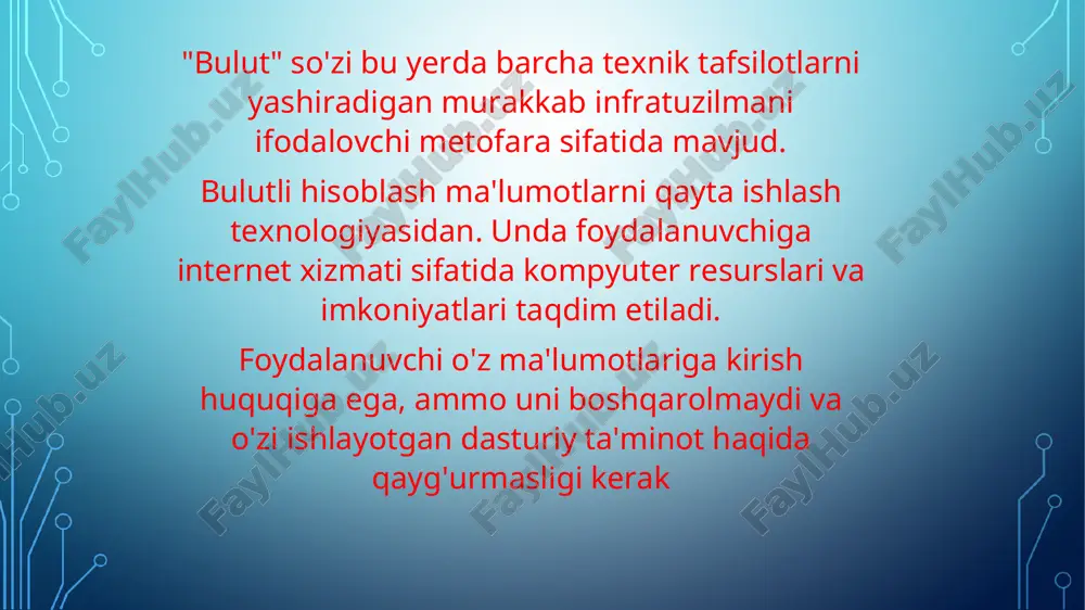 . vaqtingizni muntazam ravishda rejalashtirish va taqvimlarni taqsimlash, vaqt va boshqalarni tejash imkonini beradi. bulutli texnologiyalarning afzalliklari bulutli texnologiyalarning kamchiliklari rahmat uchun e’tiboringiz *