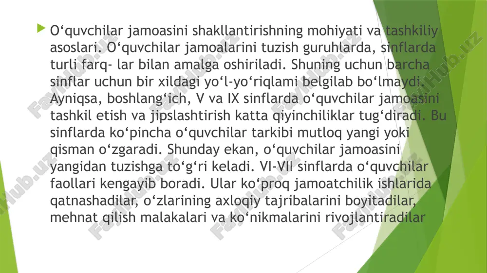 sh jarayonida o‘z jamoasi bilan birgalikda ishtirok etadi. jamoani tushunish, uni his etish hamda shaxsni shakllantirishdagi o‘rni va rolini to‘g‘ri baholay olish umumiy va xususiy (shaxsiy) maqsadning qiziqishi, ehtiyoj va faoliyatning birligini namoyon etib, bo‘linishga yo‘l qo‘ymaydi. ruhiy va hissiy jamoa a'zolarining birgalikdagi faoliyatining mazmuniga, ular orasidagi hosil bo‘lgan ishchanlik faoliyatining xarakteriga bevosita bog‘liqdir. jamoaning rasmiy (ishchanlik) va norasmiy (hissiy) tuzilishini bir-biridan farqlash lozim. jamoaning rasmiy tuzilishi deganda, jamoa faoliyatining turli ko‘rinishlarini amalga oshirish uchun zarur bo‘ladigan tashkiliy jihatlari ko‘zda tutiladi. mazkur tuzilma, bir tomondan, jamoa a'zolari qo‘shilgan ishchanlik munosabatlami ifoda etsa, ikkinchi tomondan, rahbarlik vazifasini bajaruvchi tarbiyachilar hamda jamoa a'zolari o‘rtasidagi mavjud boshqarish munosabatlari mazmunini ifoda etadi. norasmiy tuzilma jamoaning barcha a'zolari o‘rtasidagi shaxslararo ma'naviy-psixologik niunosabatlarning umumiy tizimi va mikroguruhini tashkil qiluvchi ayrim a'zolar o‘rtasidagi tanlash munosabatlari mazmunini ifodalaydi. jamoaning har bir a'zosi mavjud munosabatlar tizimida u yoki bu o‘rinni egallaydi. tarbiyalanuvchi shaxsning jamoadagi o‘rni uning shakllanish jarayoniga ta'sir …