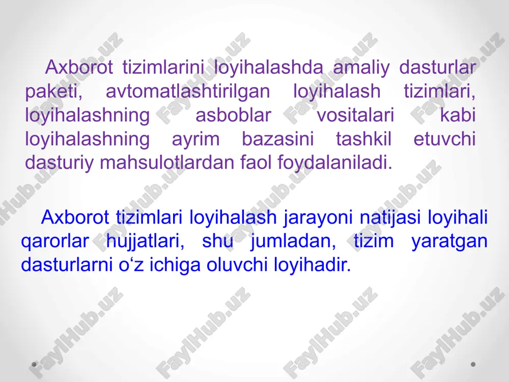 shkilotlar vaqt rivojlanish tezligini nazorat qiladigan ekstremal loyiha boshqaruvidan foydalanishadi. samarali rejalashtirish uchun loyiha jadvaliga, loyiha rahbari quyidagi elementlarni belgilaydi: maqsadlari, vazifalari va taxminlar birgalikda loyiha maydoni deb ataladi, kerakli harakatlari har bir faoliyat uchun vaqt hisob-kitoblarga ko‘ra, har bir faoliyat uchun iqtisodiy bashorat harakat tartibi bir vaqtning o‘zida sodir bo‘l ishi mumkin bulgan faoliyat turi . bu elementlar belgilangandan so‘ng odatda loyiha rahbari loyiha rejasiga qo‘shib qo‘yadi. loyiha rahbarlari loyiha boshqaruv dasturidan rejalashtirish va nazorat qilish uchun foydalanishadi. loyihani texnik va tashkiliy ta’minoti quyidagilardan tashkil topgan: loyihani amalga oshirishda usul va uslublarni tanlashni; oraliq xolatlarni ishlab chiqish usullarini aniqlash; yaratilgan dasturiy ta’minotning sinovdan o‘tkazish usul va uslublarini ishlab chiqish; personalni o‘qitish. axborot tizimlarining loyihalash bosqichlari axborot tizimlarini loyihalashning asosiy bosqichlari quyidagilardan iborat: 1) ob’ektning xususiyatini tasvirlash; 2) axborot tizim arxitekturasini loyihalash; 3) axborot tizim bevosita yaratish; 4) tizimni testdan o‘tkazish; 5) foydalanish va kuzatish axborot tizimlarining loyihalash bosqichlari ob’ektning …