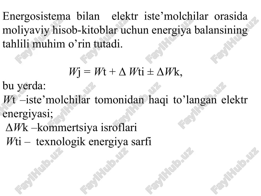 ingan xarakterli rejimlarni va ularning davomiyligini asoslashning murakkabligidadir. 2. o’rtacha yuklamalar metodi. ko’rib chiqilayotgan t davr muddatlar uchun yuklama elektr energiyasi isroflari quyidagi ifoda bilan aniqlanadi: δw = δrsrt, (9.15) bu erda: δrsr –tarmoqning o’tacha yuklamalaridagi aktiv quvvat isroflari kattaligi. ekspluatatsiya sharoitida o’rtacha yuklamalar miqdori aktiv wa va reaktiv wr elektr iste’molini o’lchovlari natijasida aniqlanadi: ro’r = , qo’r= . wa va wr kattaliklarini o’lchab olish qiyin bo’lganida, ular taqriban quyidagi ifodalar bilan aniqlanishi mumkin 110 –10 kv kuchlanishli elektr tarmoqlarning real yuklama grafiklari uchun koeffitsient kf qiymatlari 1,05–1,15 diapazonda yotadi. bu usul kuchlanishi 110 kv va undan yuqori bo’lgan elektr tarmoqlarda elektr energiyasi isroflarini aniqlash uchun foydalanilishi mumkin. lekin uning qo’llanilishi elektr energiyasi isroflarini kamaytirish yo’llarini qidirishda xatoliklarga olib kelishi mumkin. 3. o’rtacha kvadrat rejim parametrlari metodi bu usulda t o’zgarishsiz davr ichida real o’zgaruvchan yuklanishli tarmoq uchastkasini t davt ichida shu elektr energiyasi isroflari keltiruvchi, ma’lum bir o’rtacha …